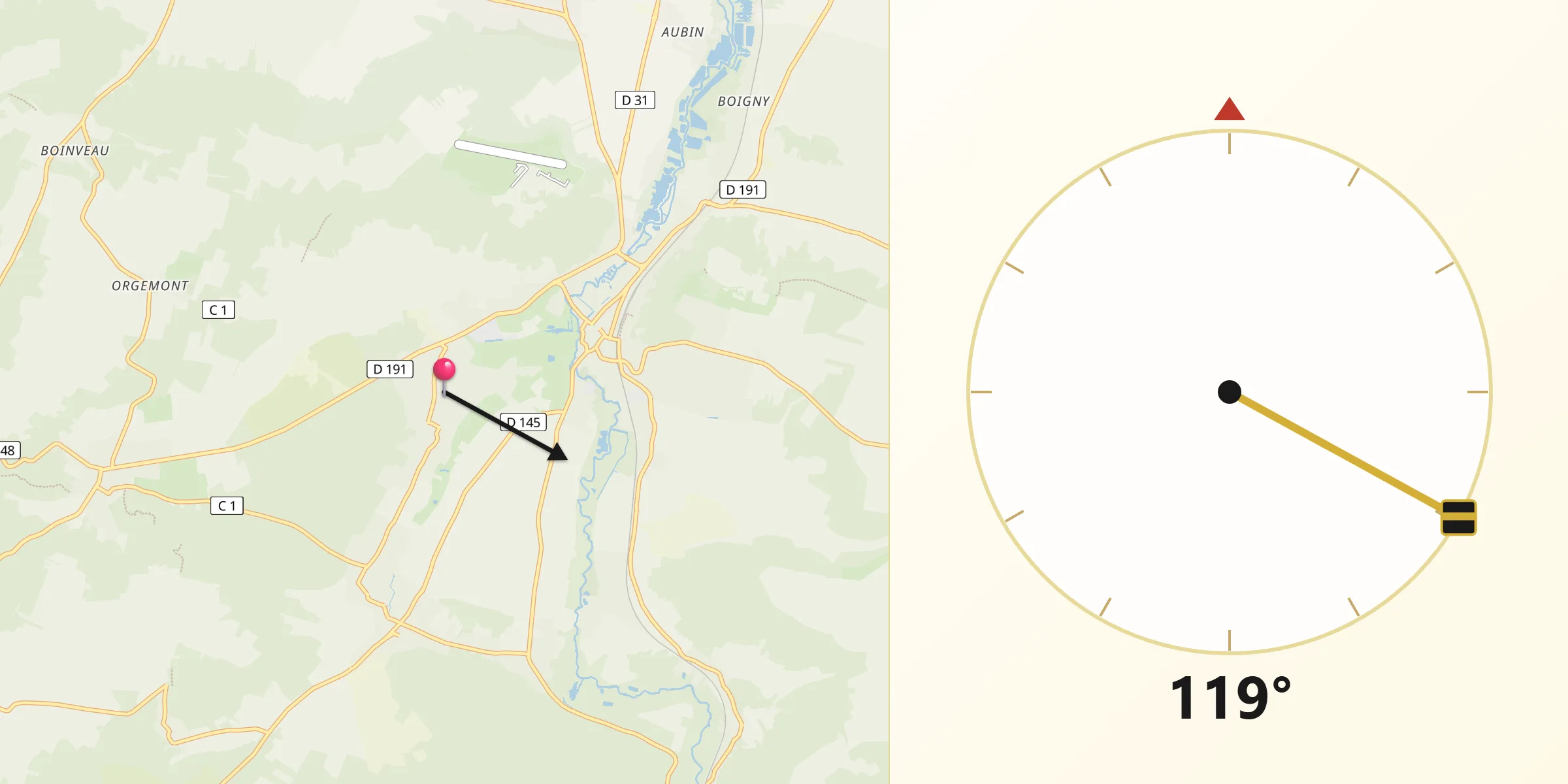Direction vers la Qibla depuis Cerny