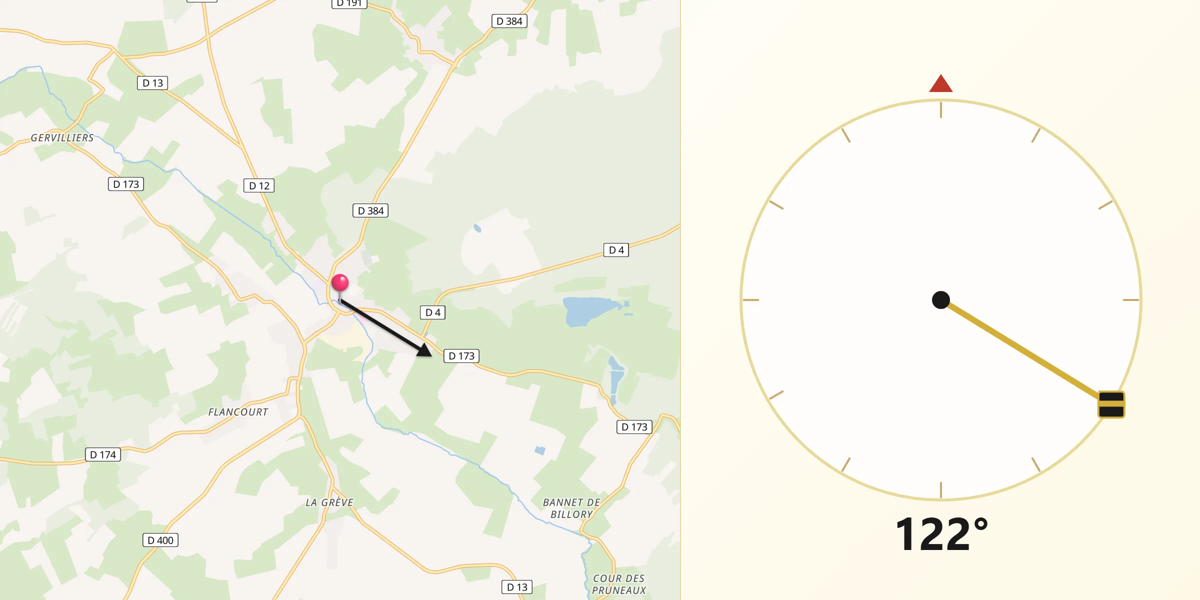 Direction vers la Qibla depuis Montier-en-Der