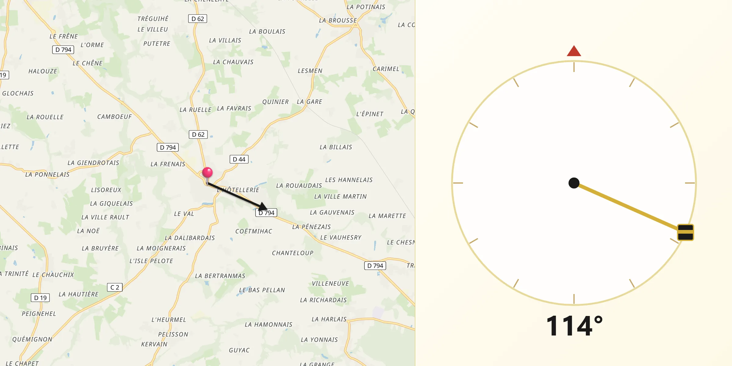 Direction vers la Qibla depuis Corseul
