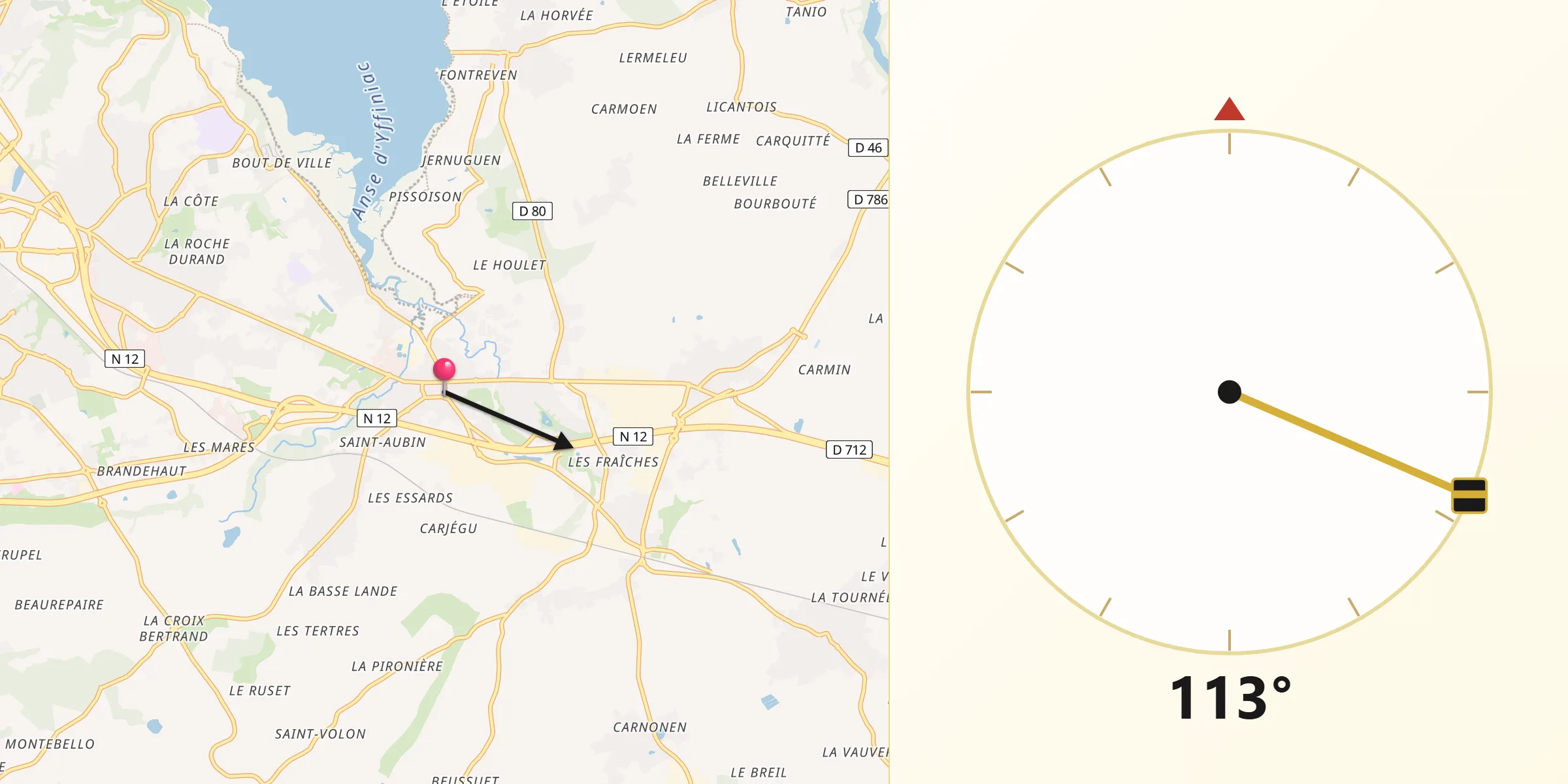 Direction vers la Qibla depuis Yffiniac