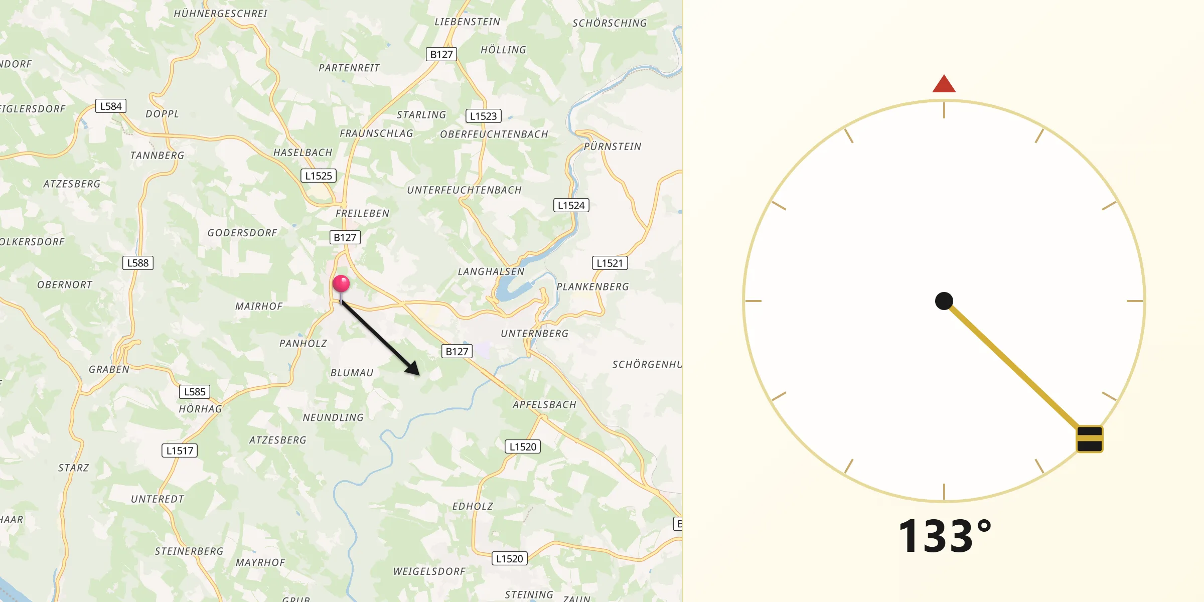 Qibla-Richtung von Altenfelden