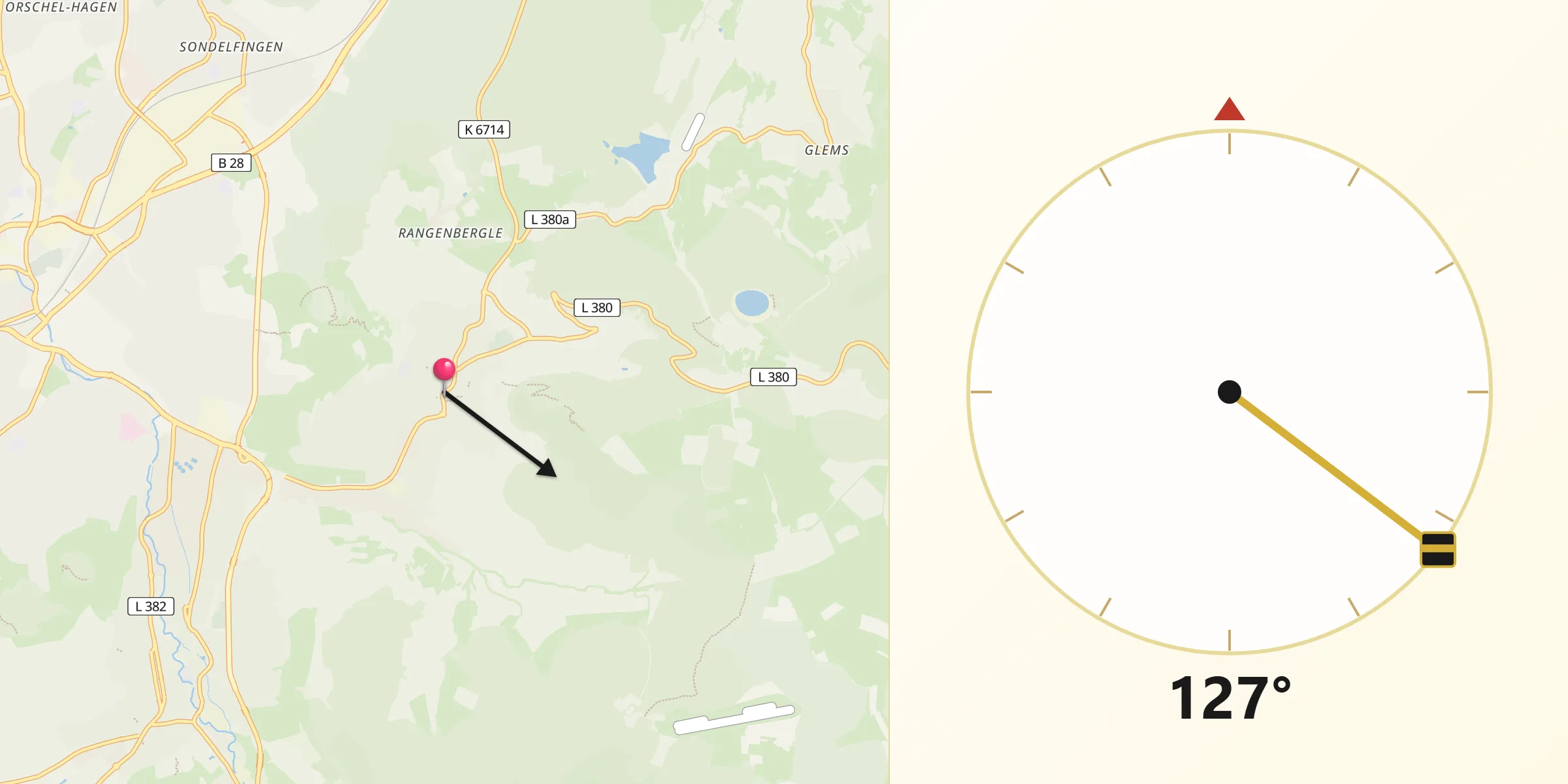Qibla-Richtung von Eningen unter Achalm