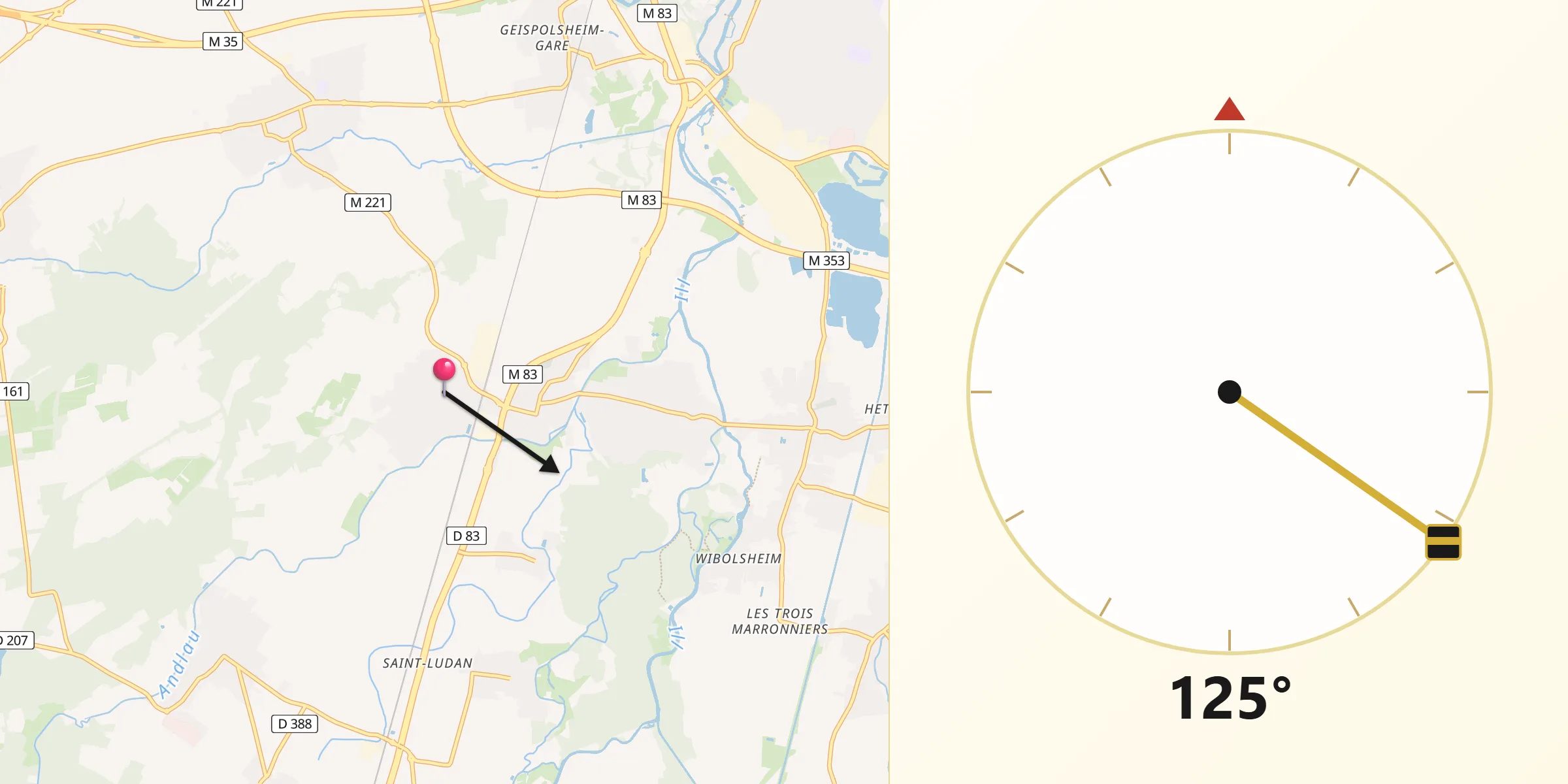 Direction vers la Qibla depuis Lipsheim