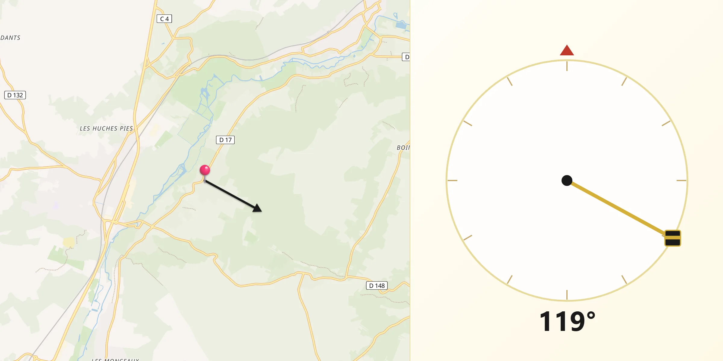 Direction vers la Qibla depuis Auvers-Saint-Georges