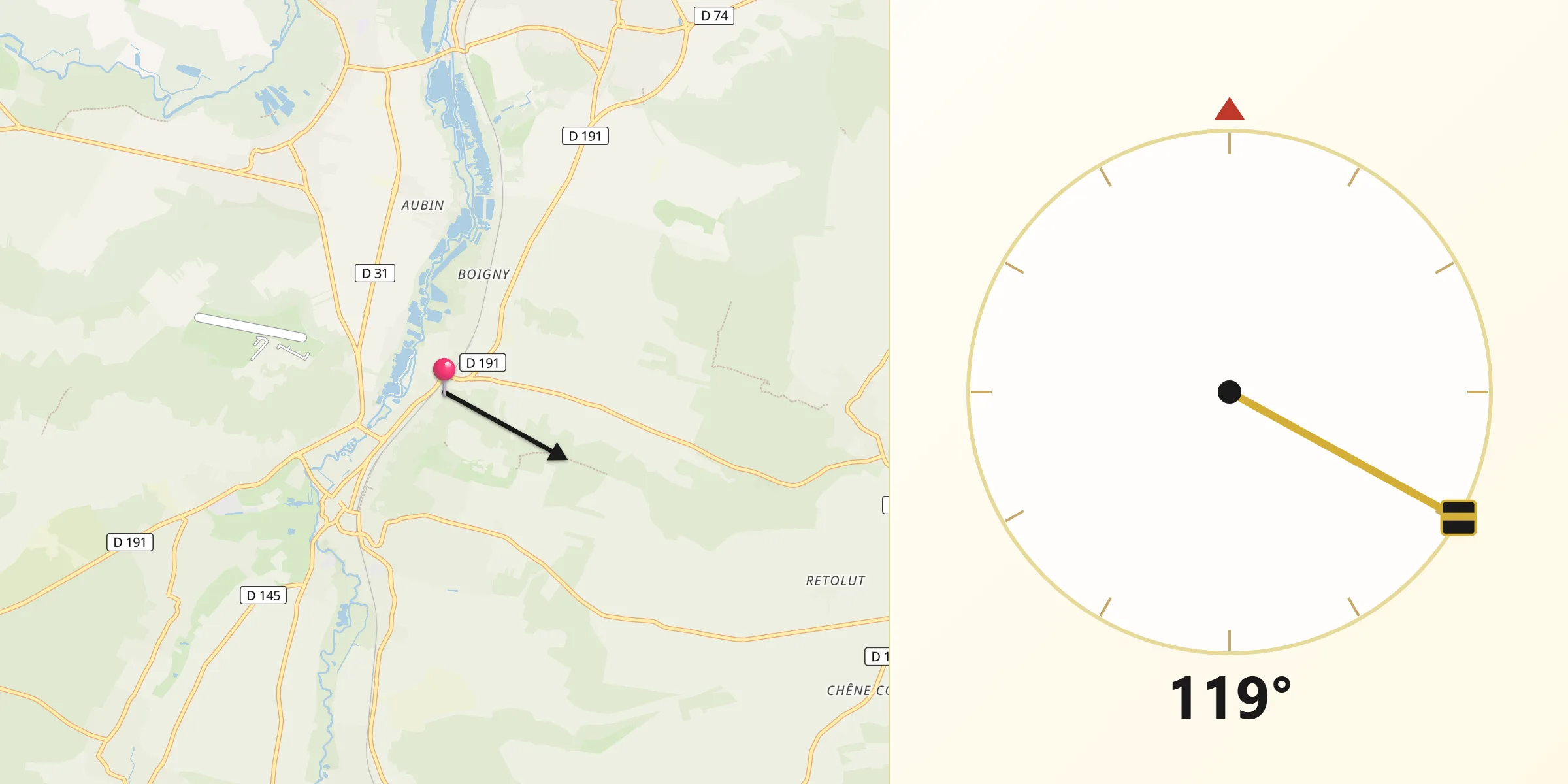 Direction vers la Qibla depuis Baulne