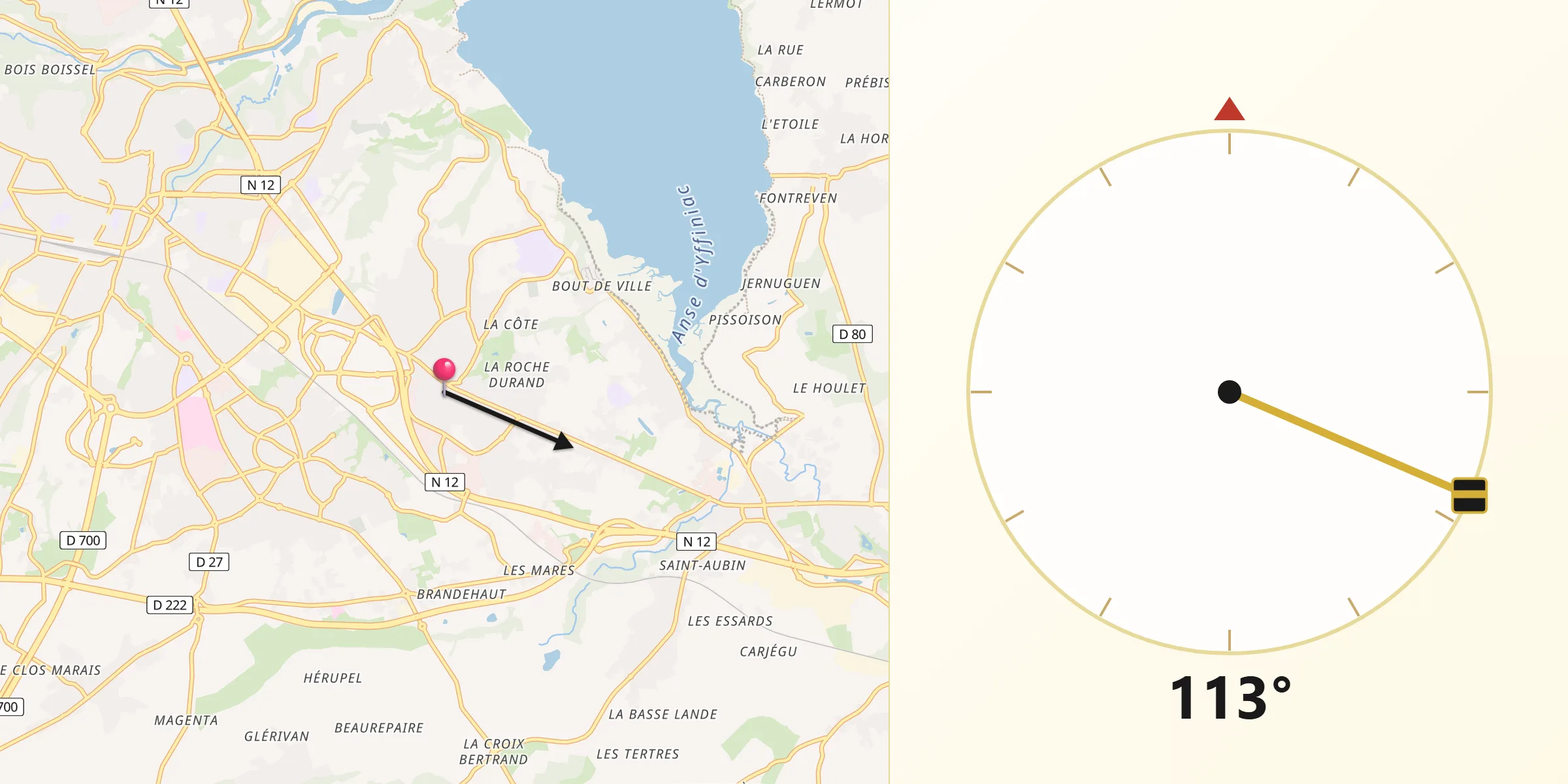 Direction vers la Qibla depuis Langueux