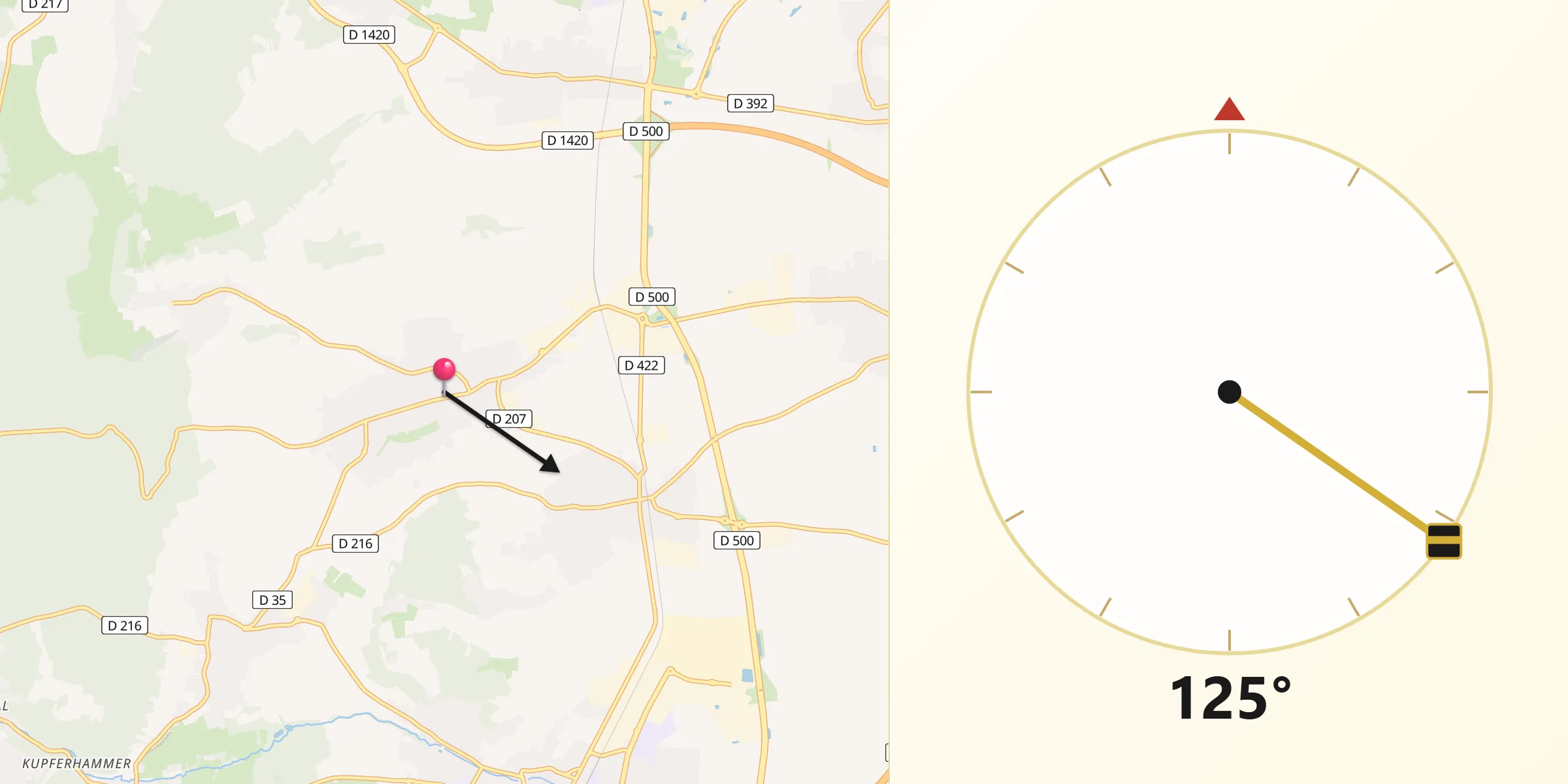 Direction vers la Qibla depuis Rosheim