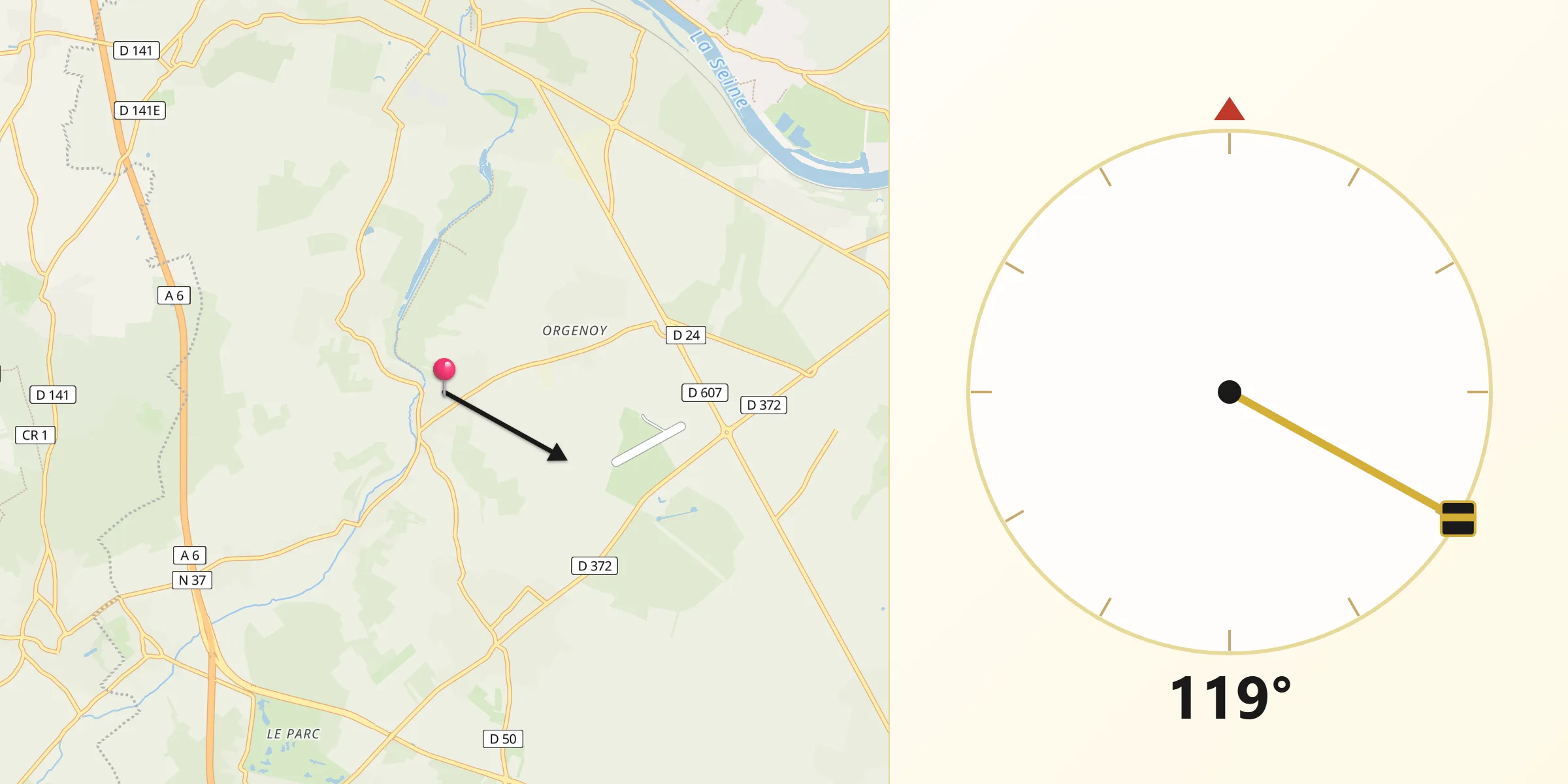 Direction vers la Qibla depuis Saint-Sauveur-sur-École