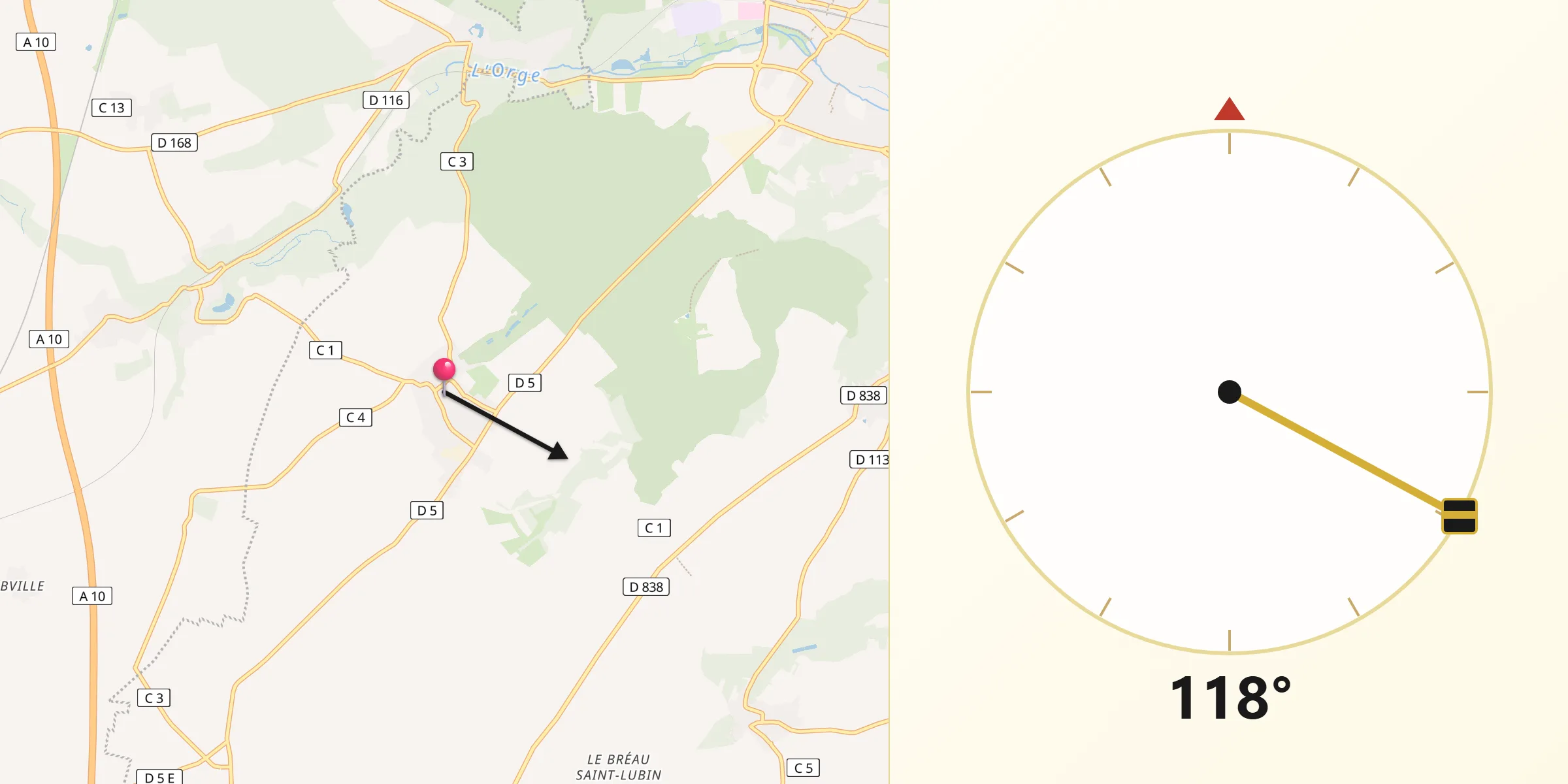 Direction vers la Qibla depuis Corbreuse