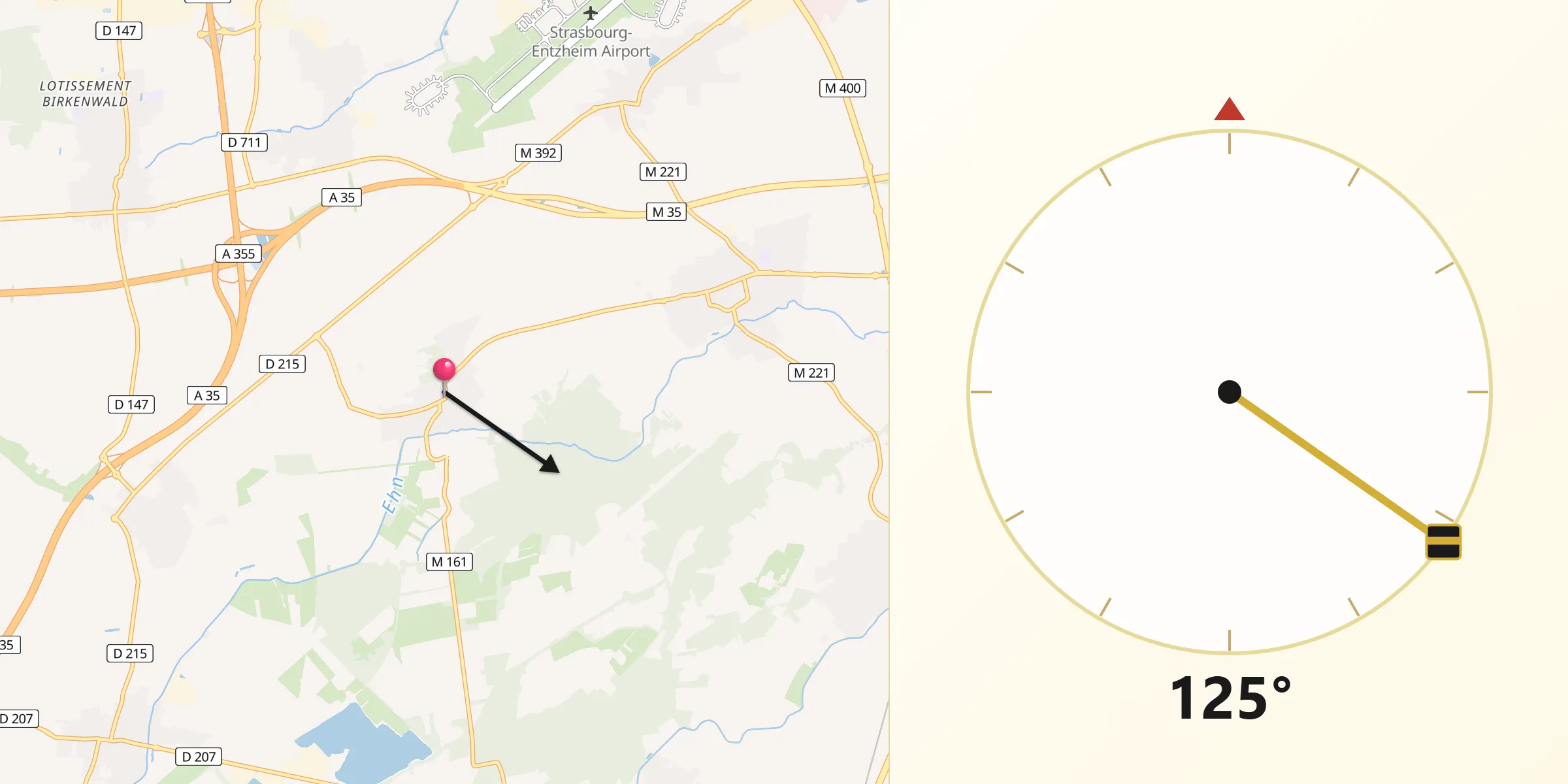 Direction vers la Qibla depuis Blaesheim