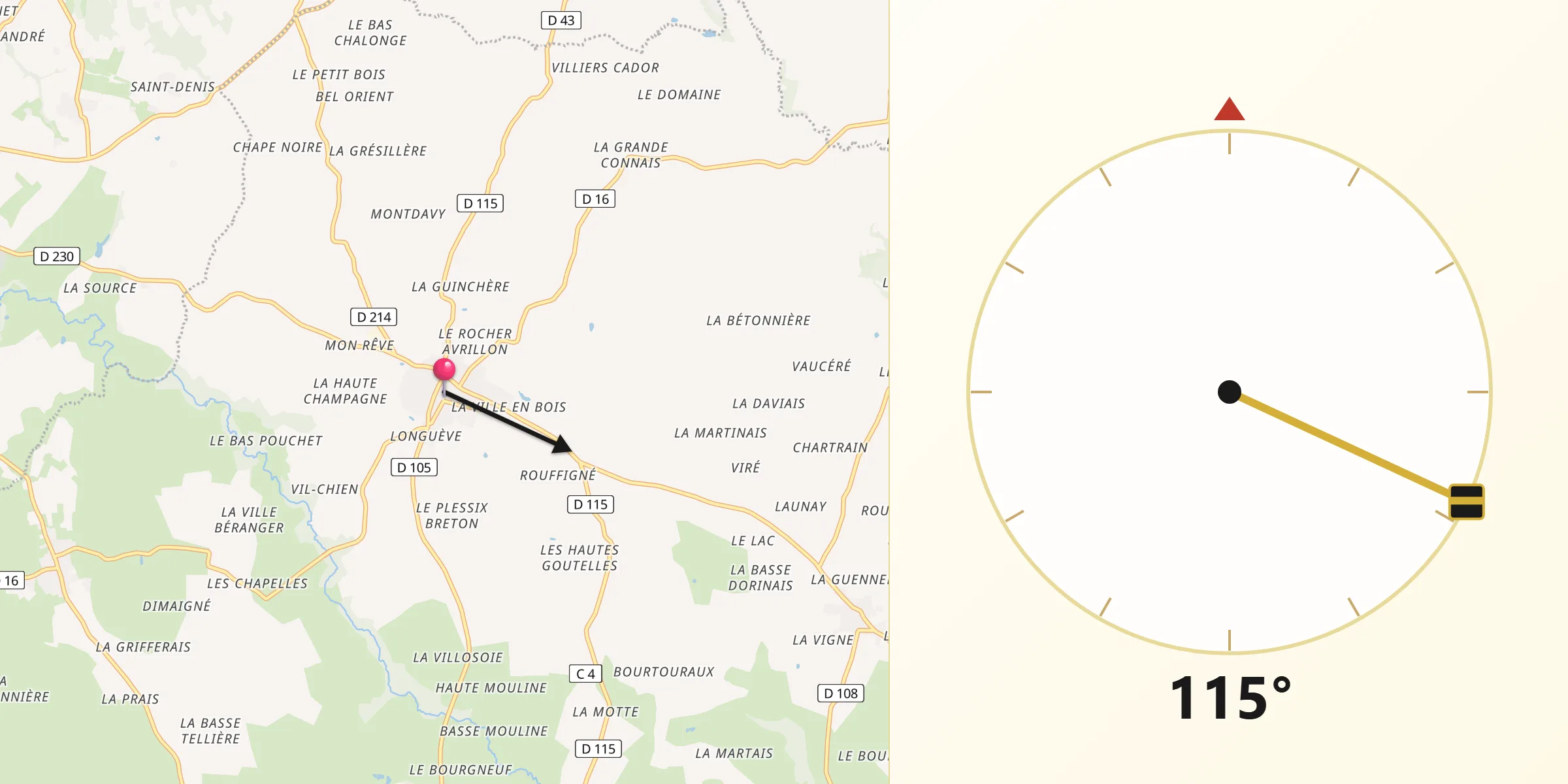Direction vers la Qibla depuis Saint-Georges-de-Reintembault