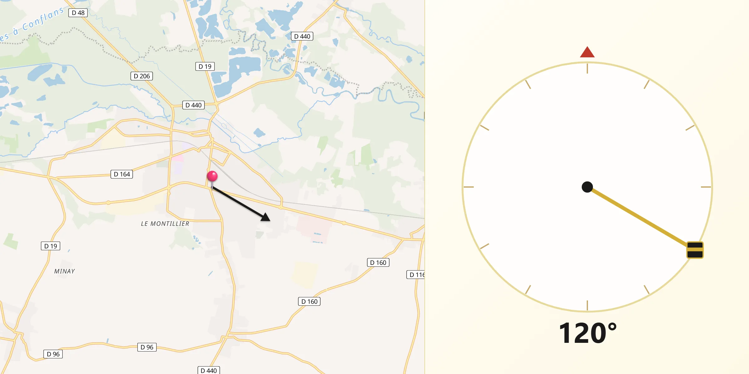 Direction vers la Qibla depuis Romilly-sur-Seine