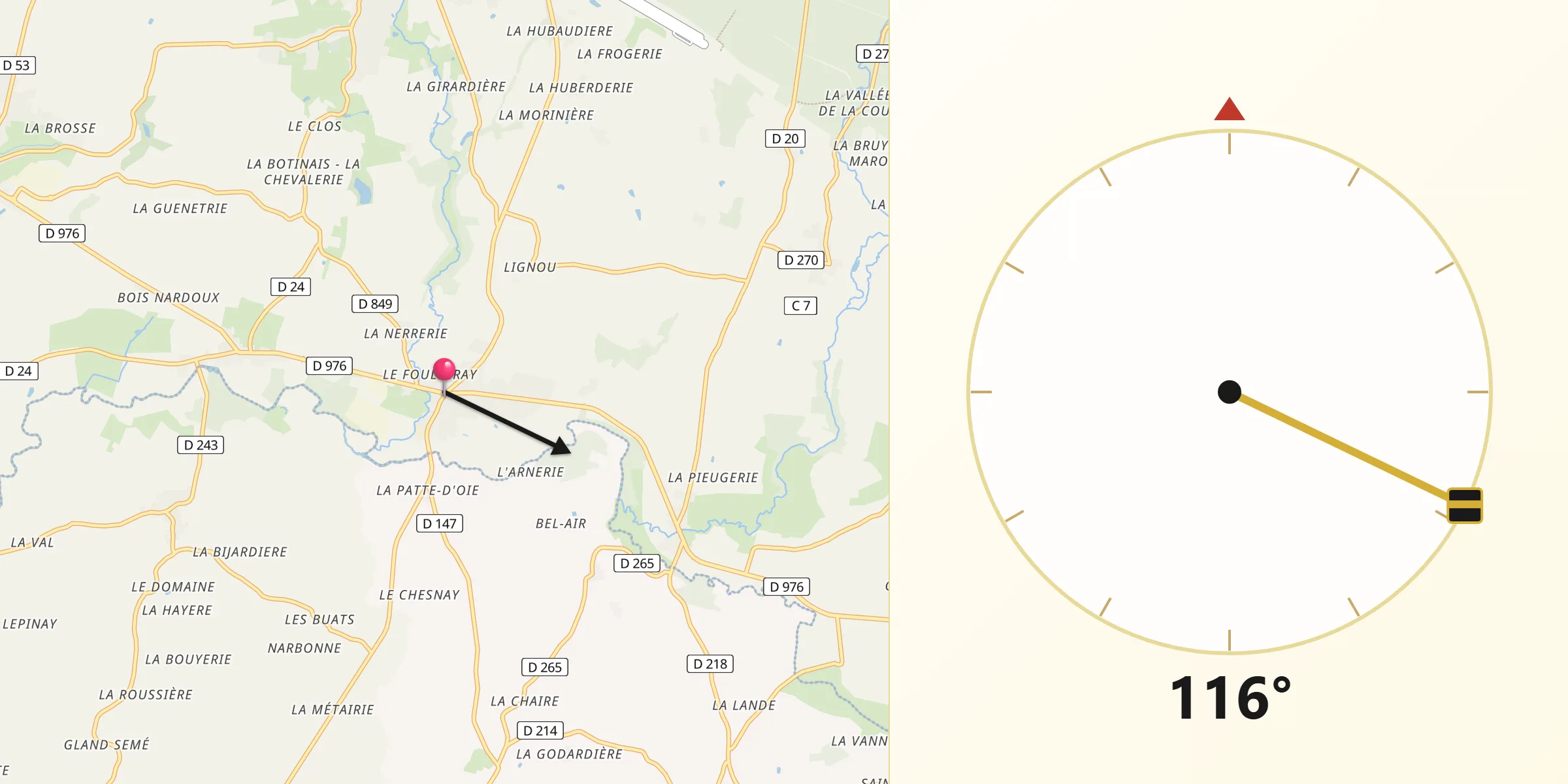 Direction vers la Qibla depuis Couterne