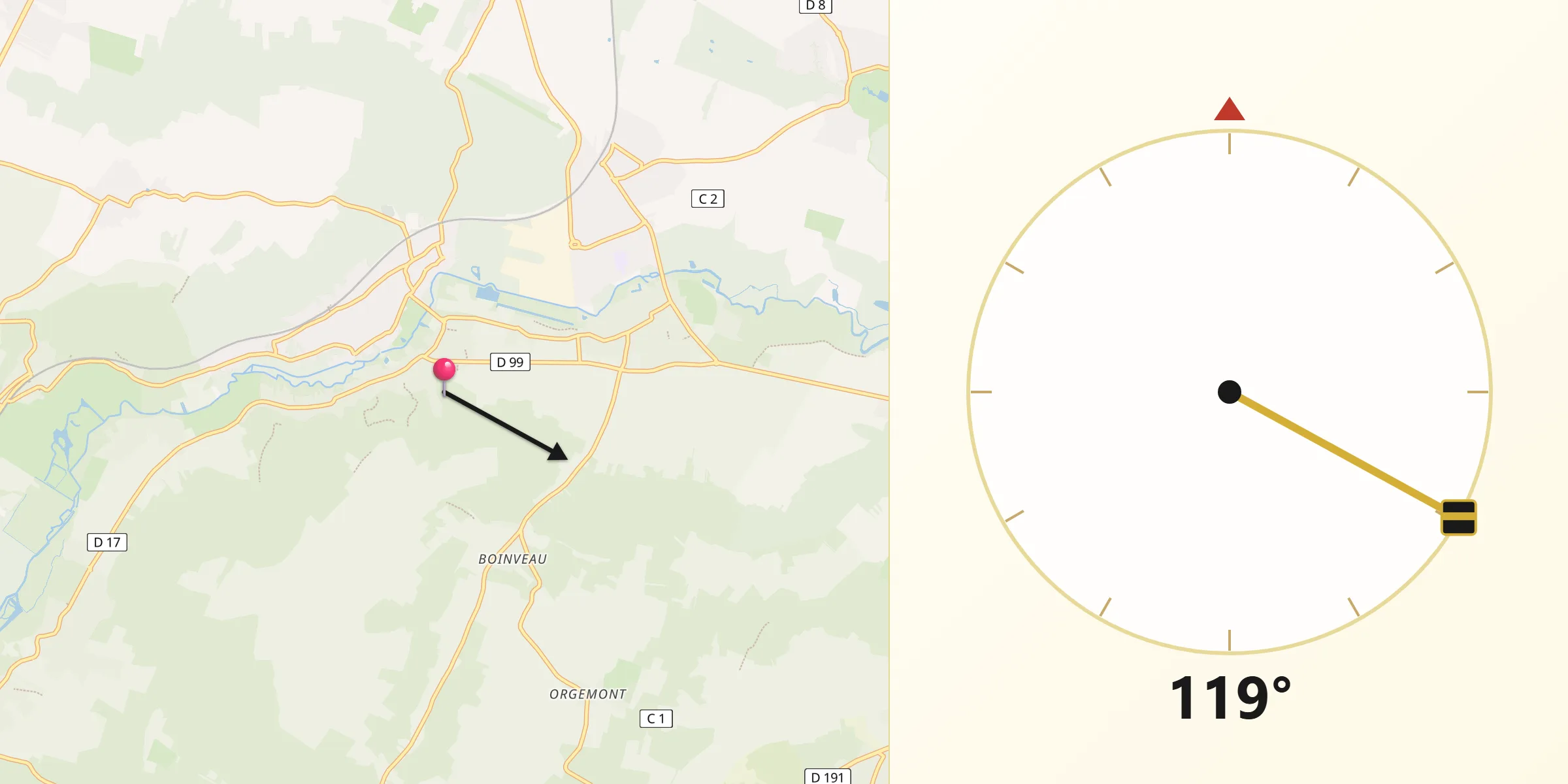 Direction vers la Qibla depuis Janville-sur-Juine