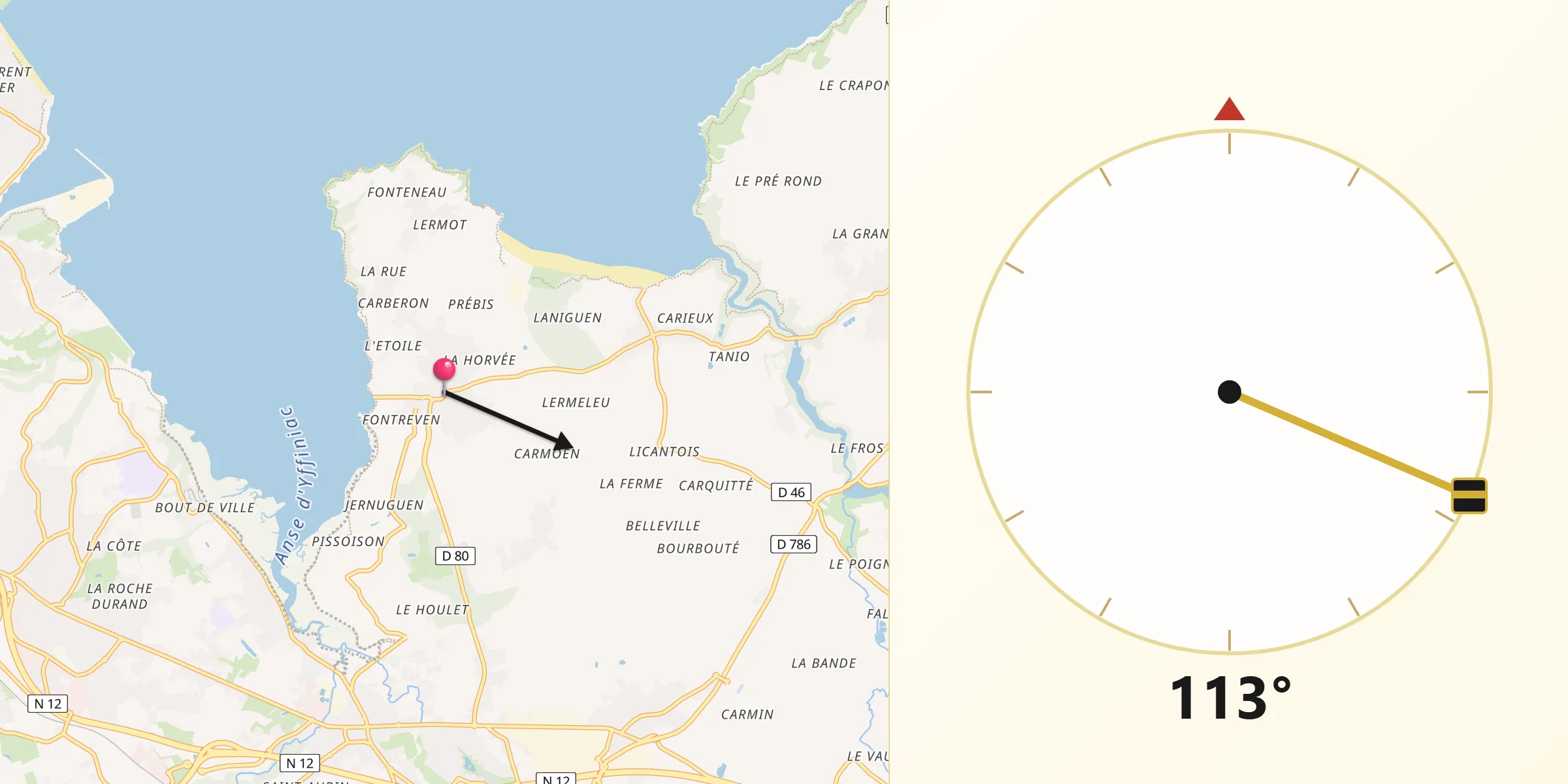 Direction vers la Qibla depuis Hillion