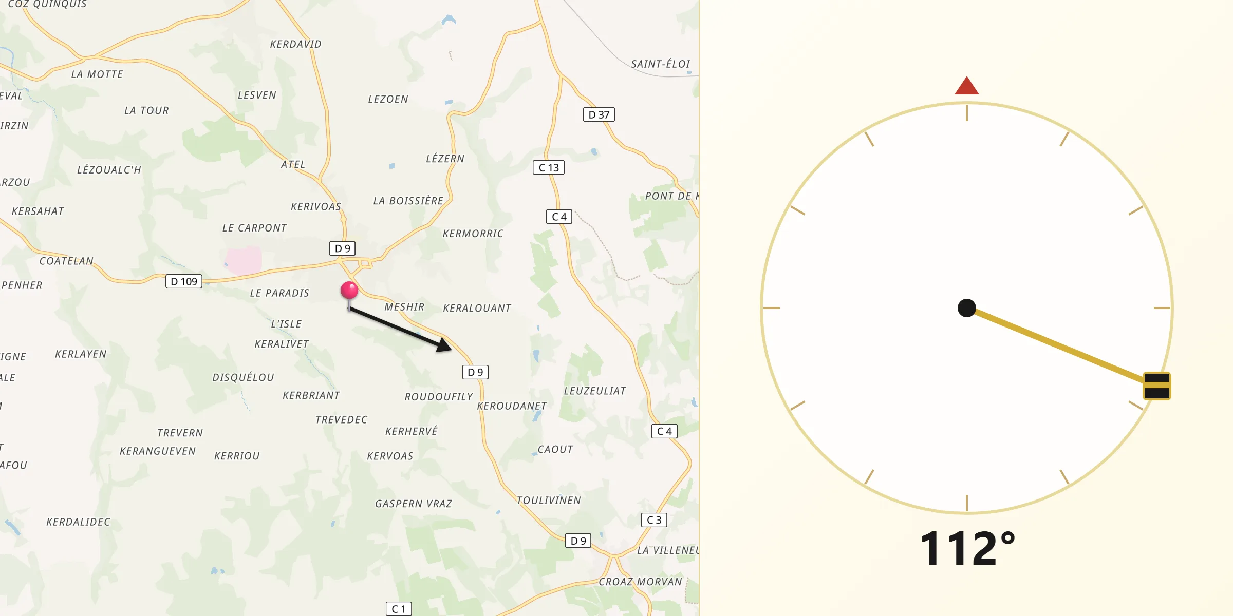 Direction vers la Qibla depuis Plougonven