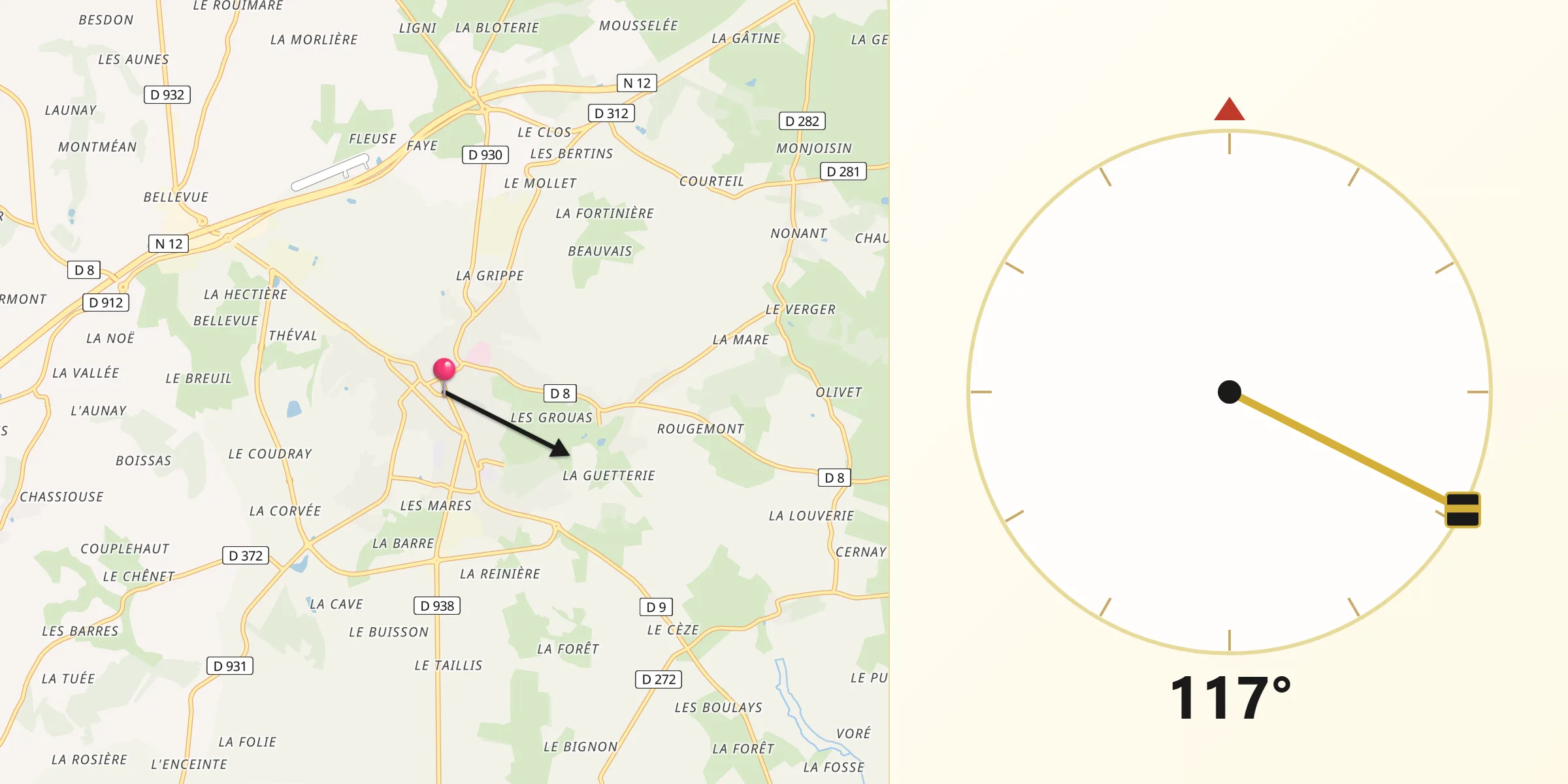 Direction vers la Qibla depuis Mortagne-au-Perche