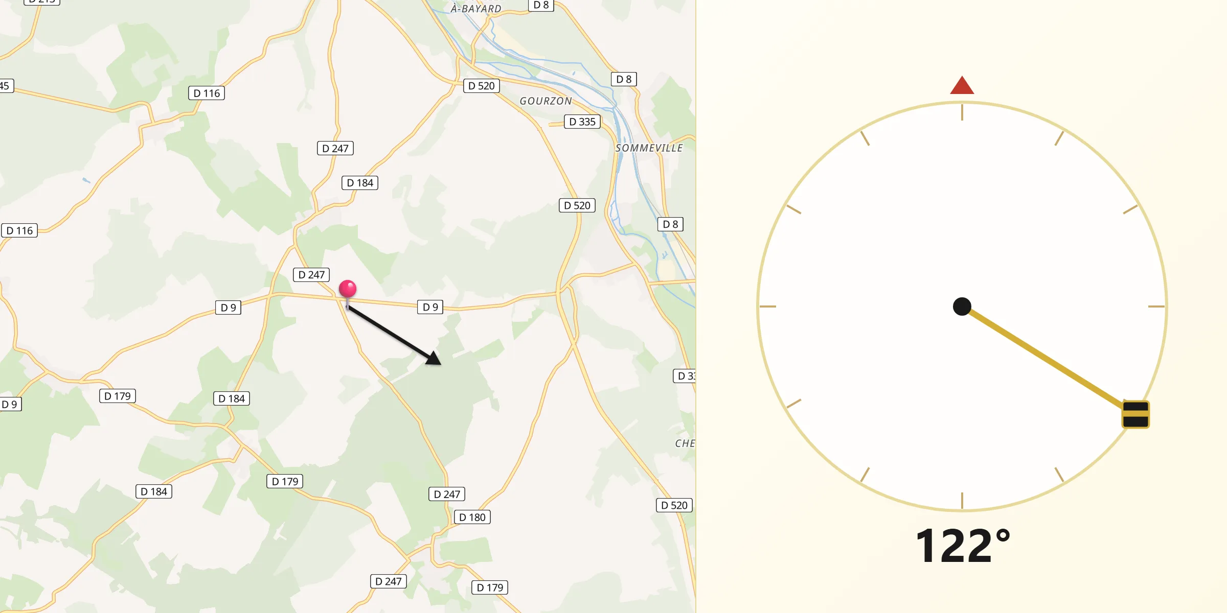 Direction vers la Qibla depuis Rachecourt-sur-Marne