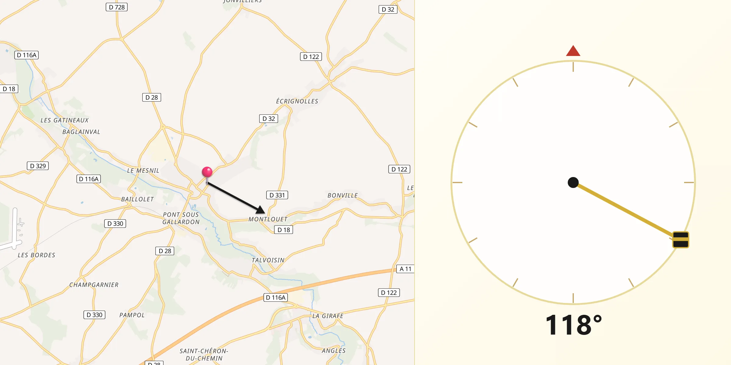 Direction vers la Qibla depuis Gallardon