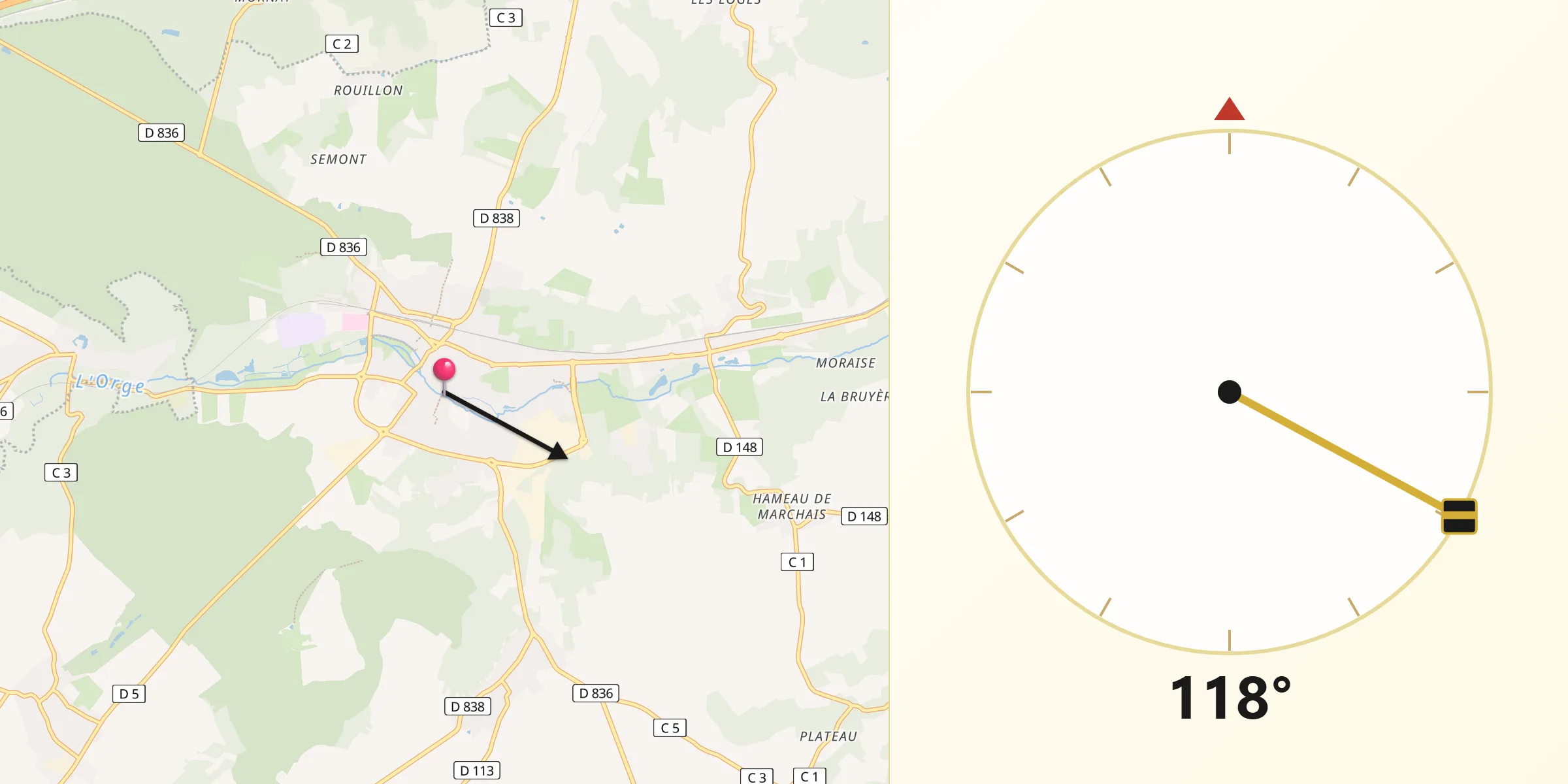 Direction vers la Qibla depuis Dourdan