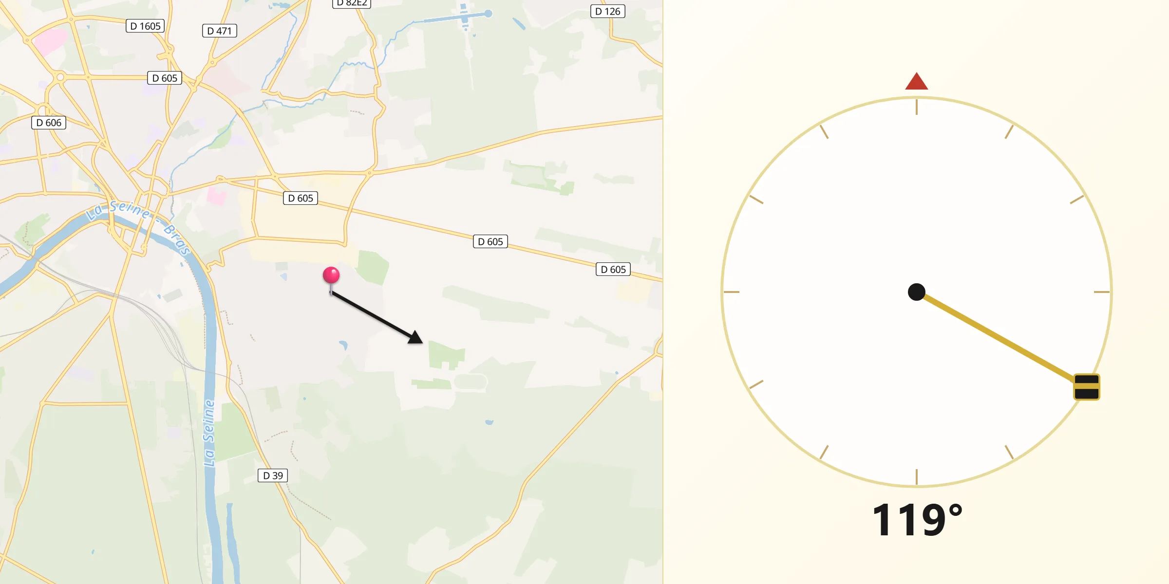 Direction vers la Qibla depuis Vaux-le-Pénil