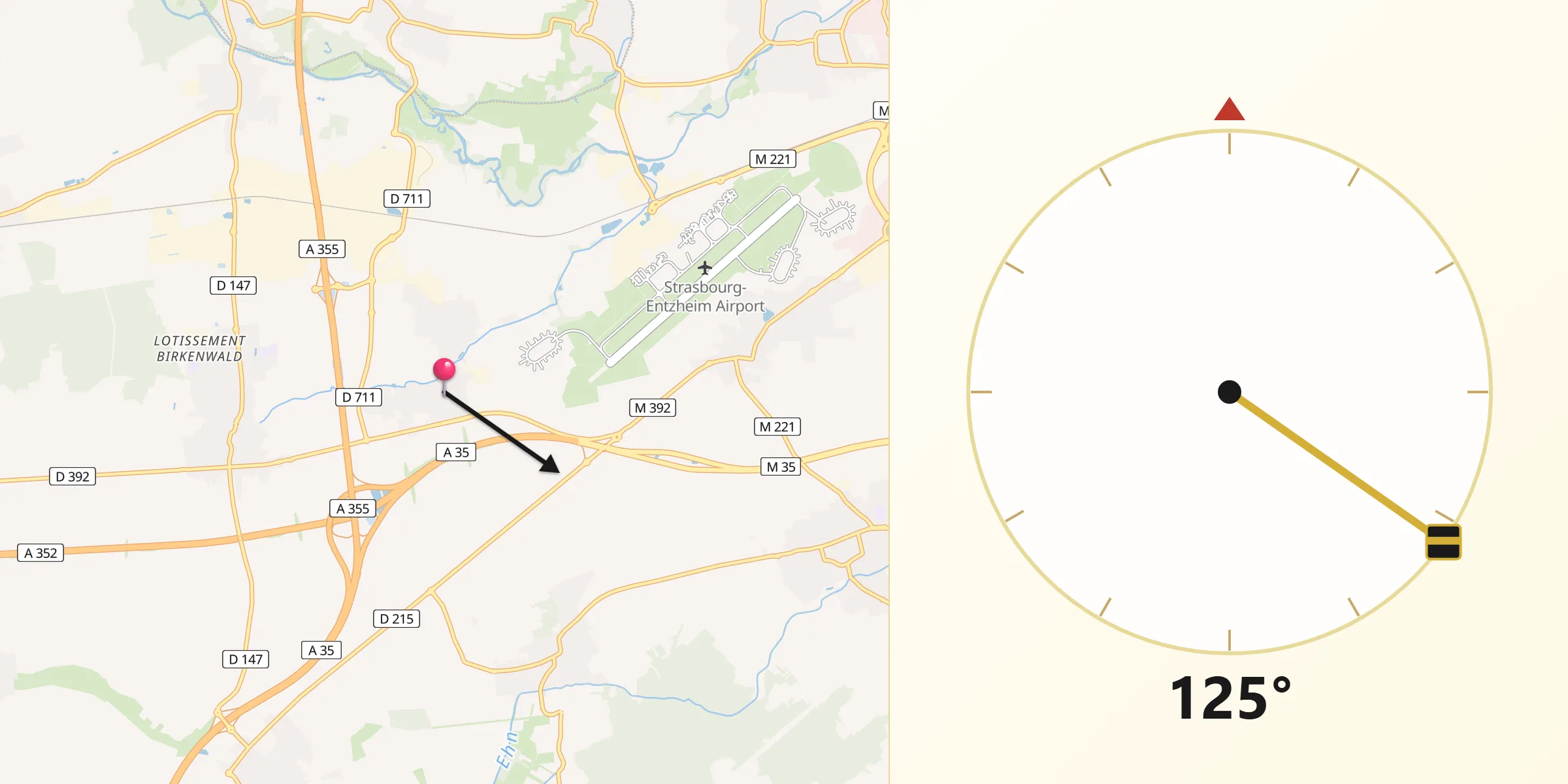 Direction vers la Qibla depuis Duppigheim