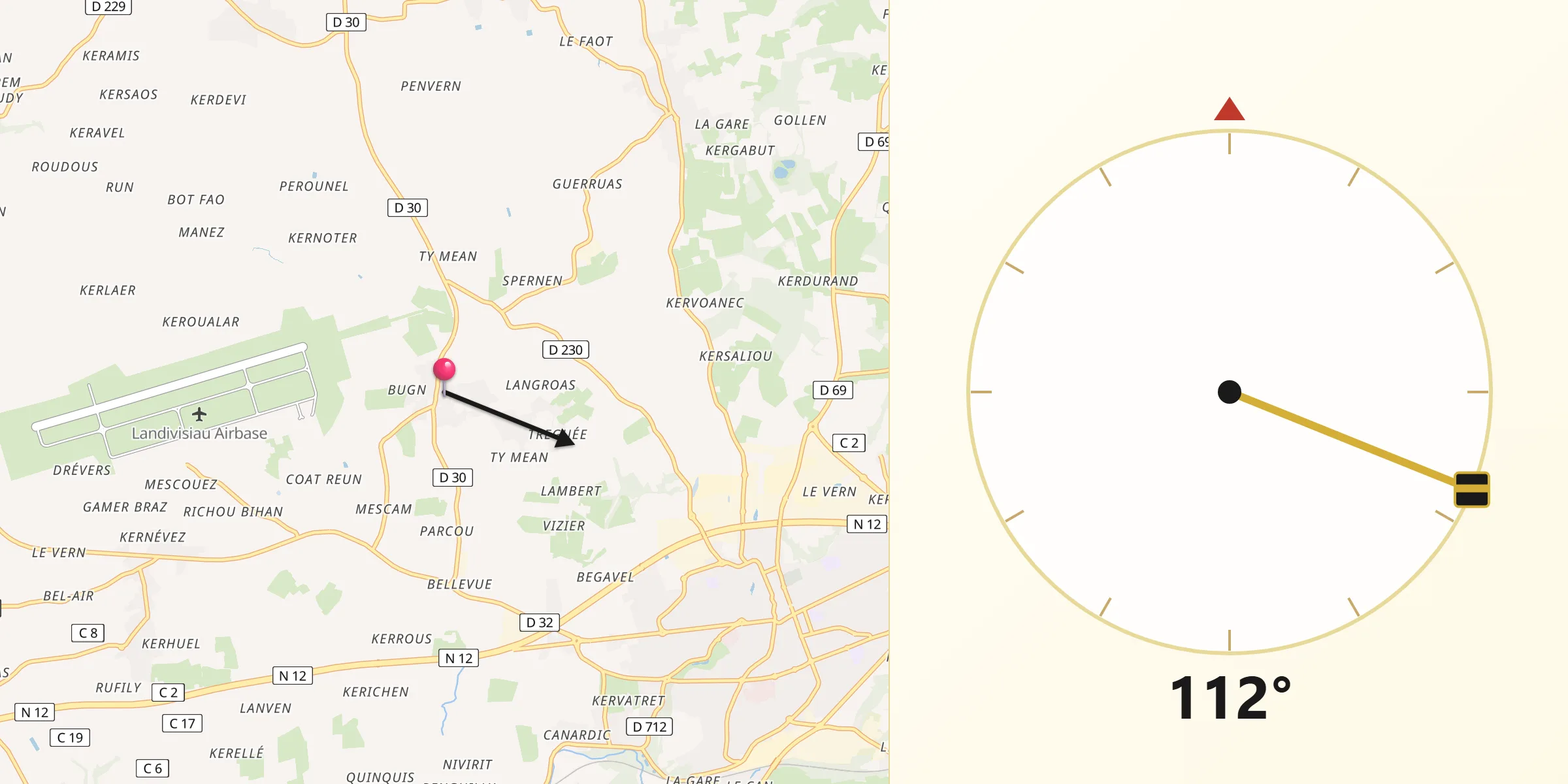 Direction vers la Qibla depuis Bodilis