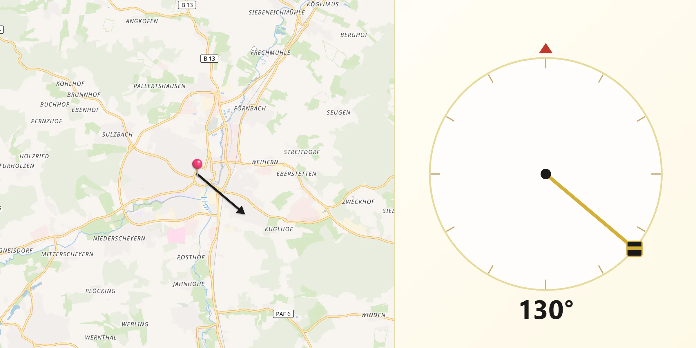 Qibla-Richtung von Pfaffenhofen an der Ilm