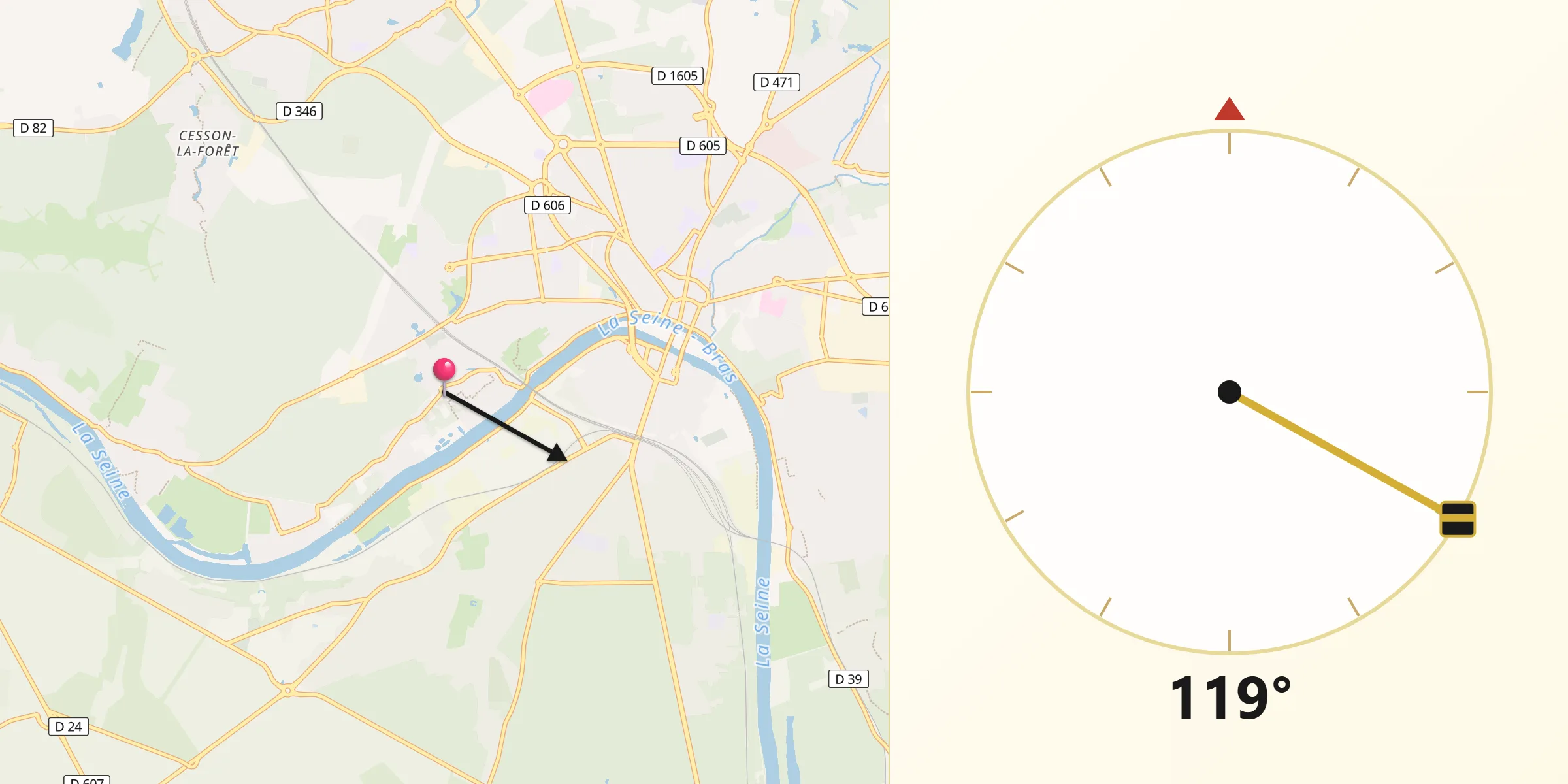 Direction vers la Qibla depuis Le Mée-sur-Seine