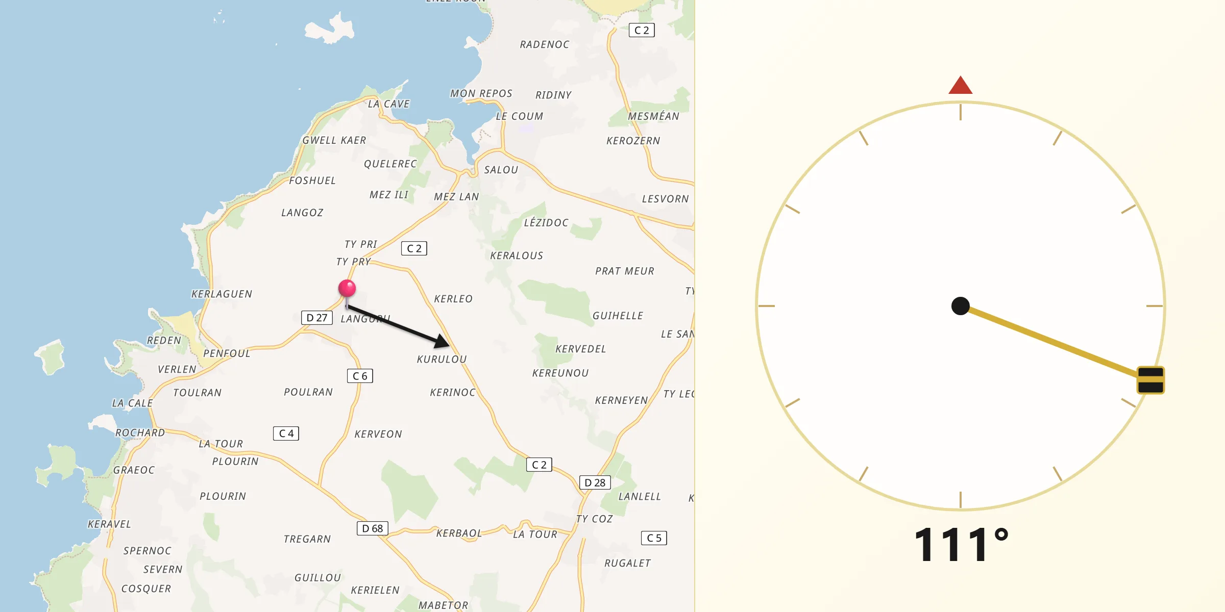 Direction vers la Qibla depuis Landunvez