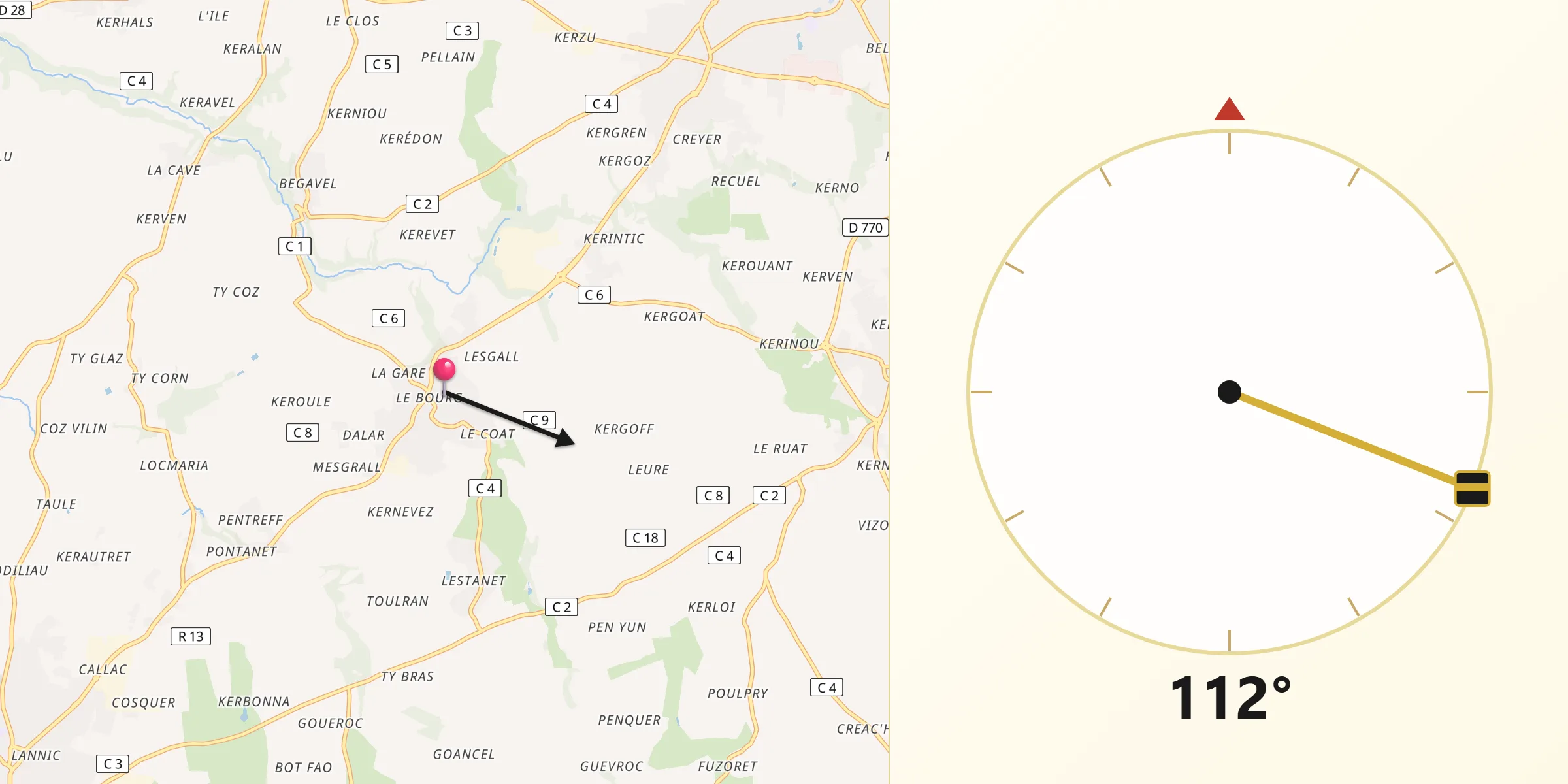 Direction vers la Qibla depuis Le Drennec