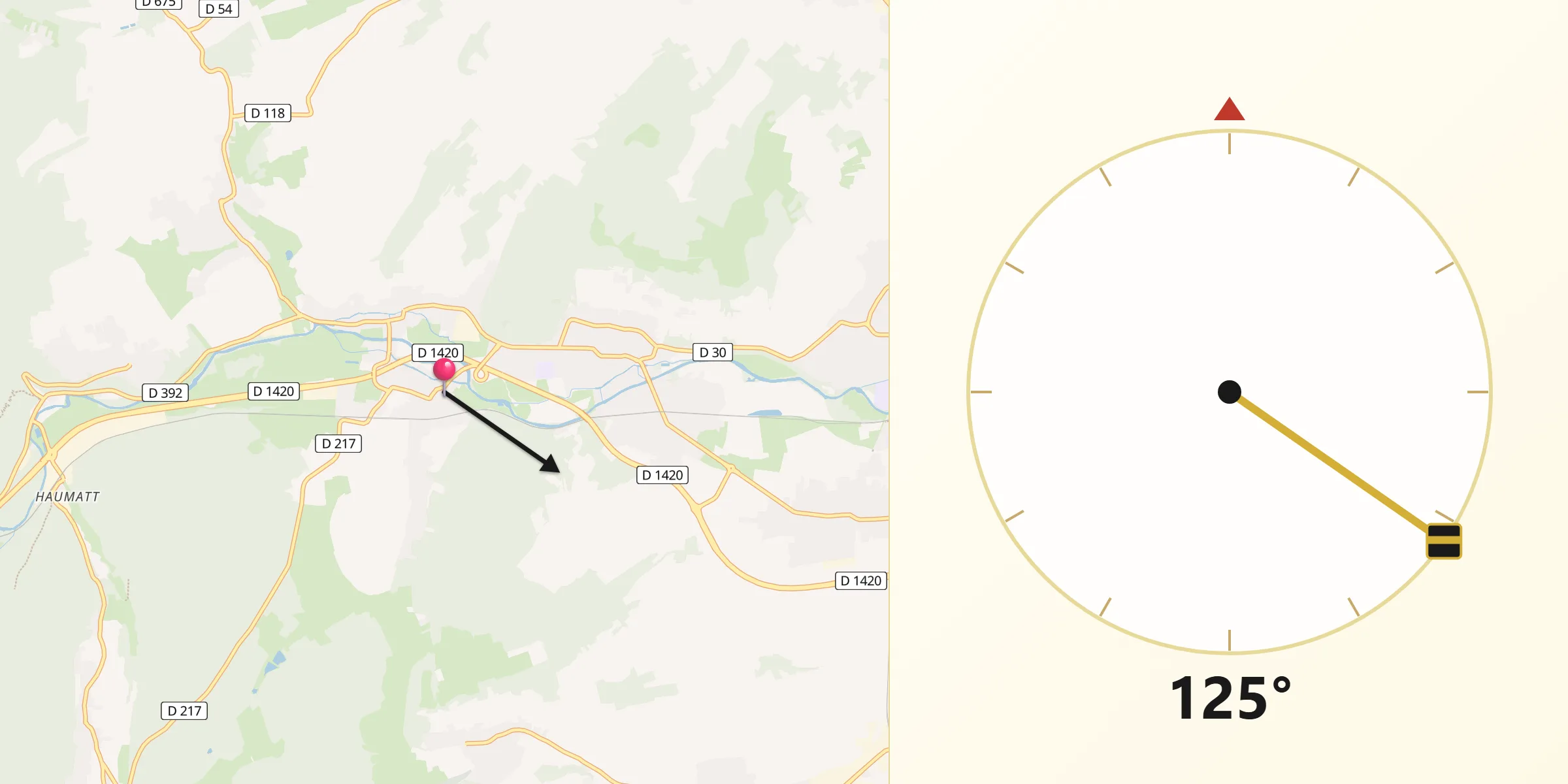 Direction vers la Qibla depuis Gresswiller