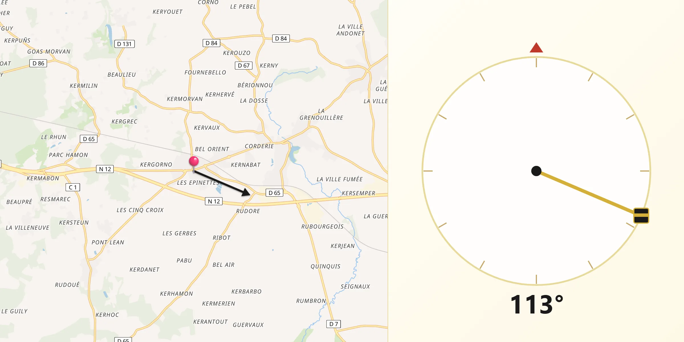 Direction vers la Qibla depuis Plouagat