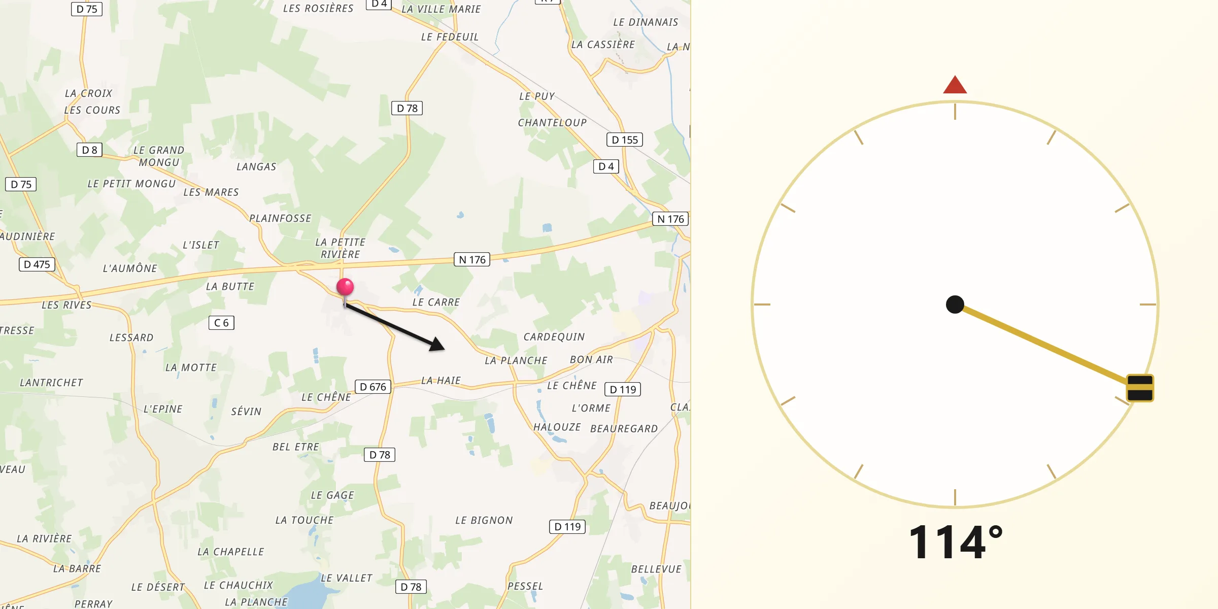 Direction vers la Qibla depuis Roz-Landrieux