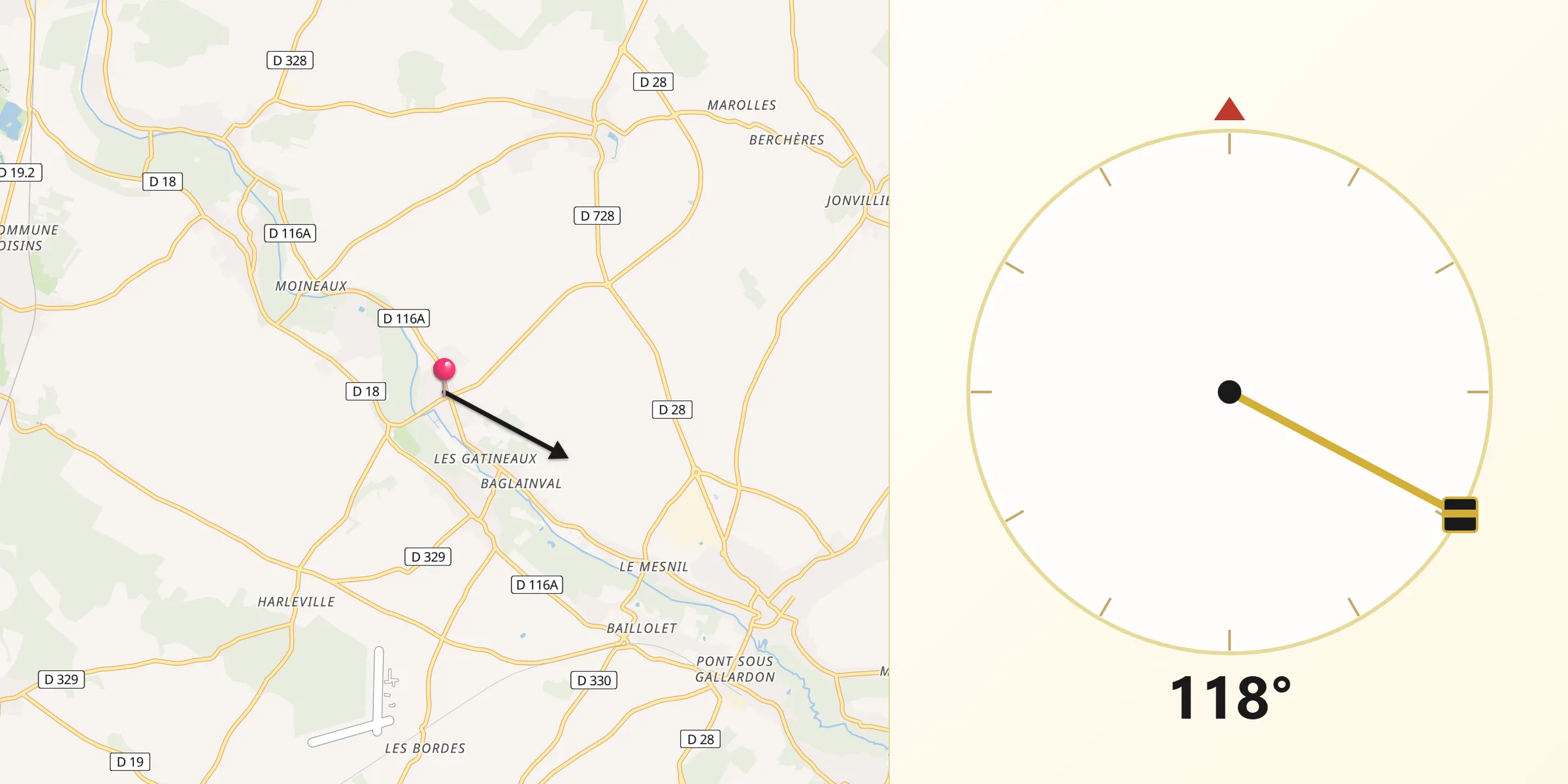 Direction vers la Qibla depuis Armenonville-les-Gâtineaux