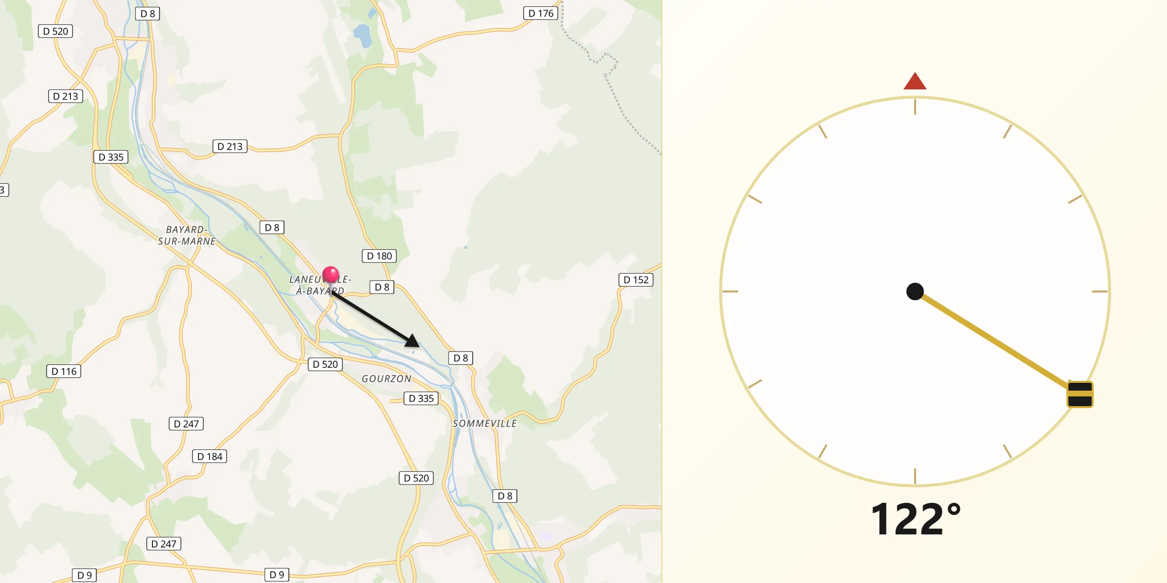 Direction vers la Qibla depuis Bayard-sur-Marne