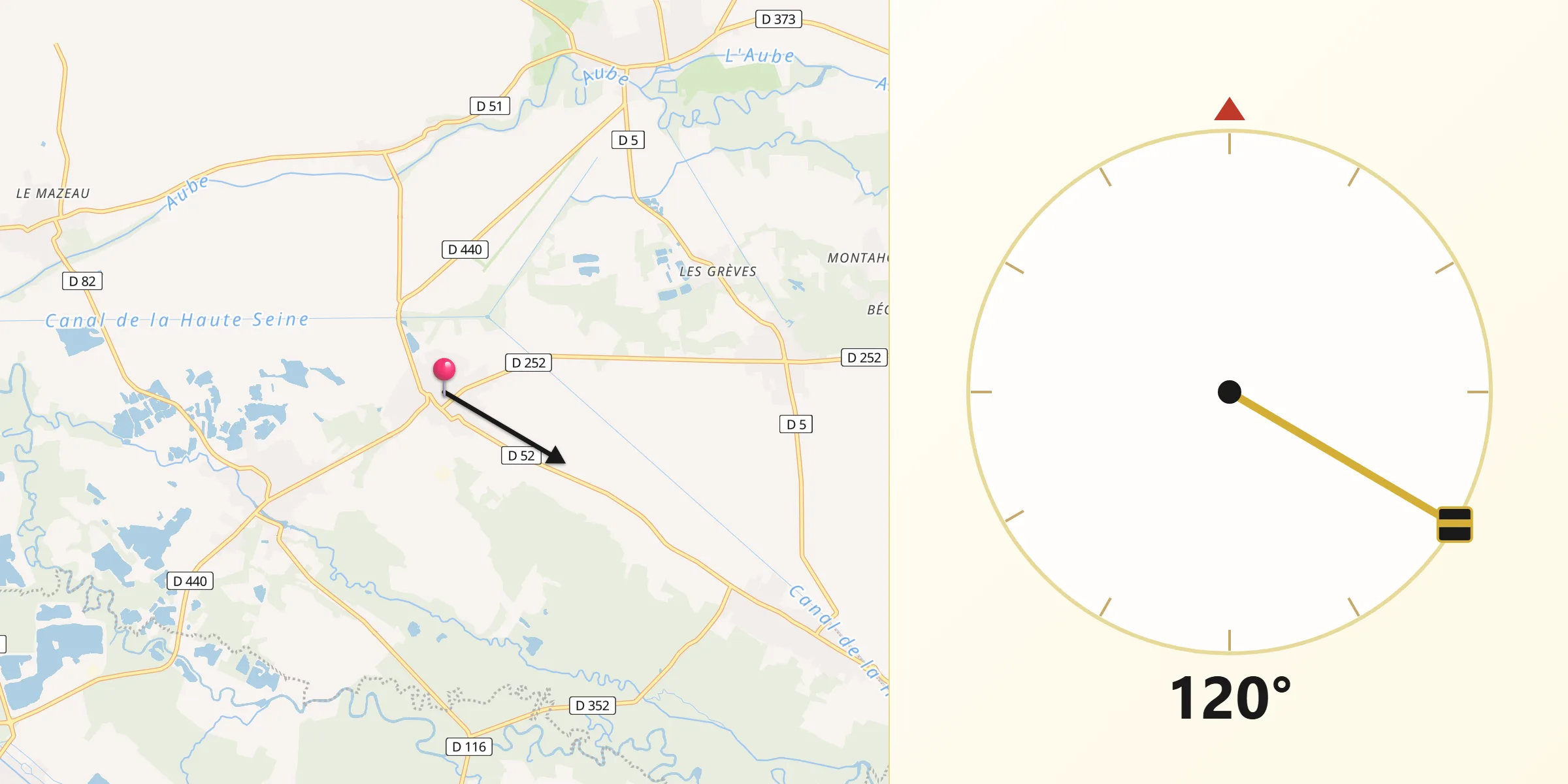 Direction vers la Qibla depuis Saint-Just-Sauvage