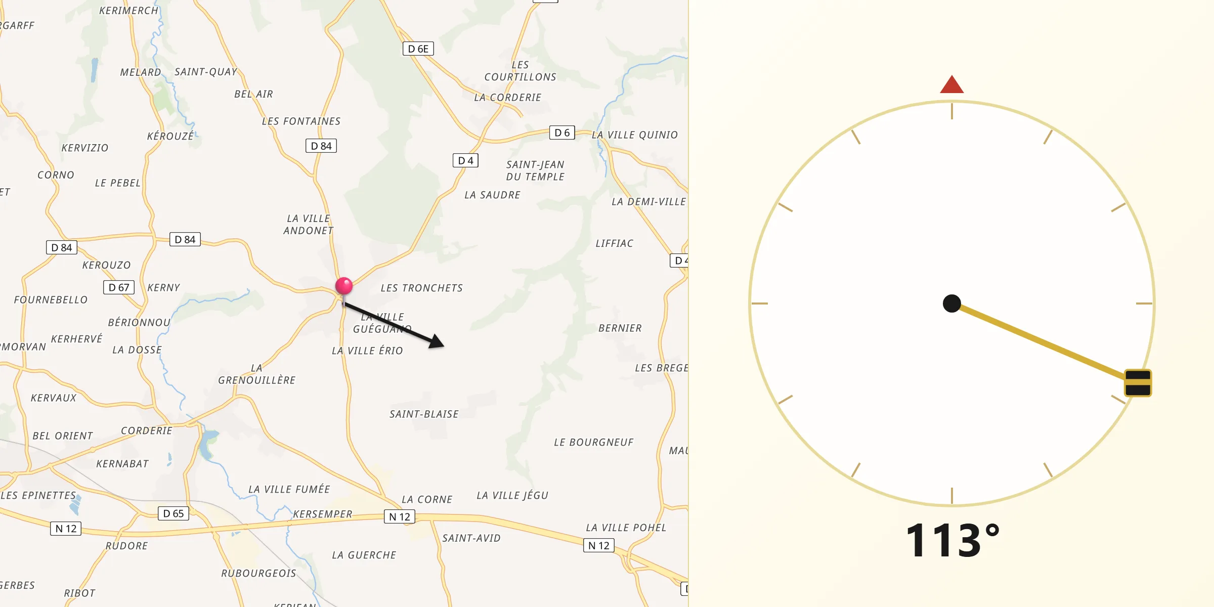 Direction vers la Qibla depuis Plélo