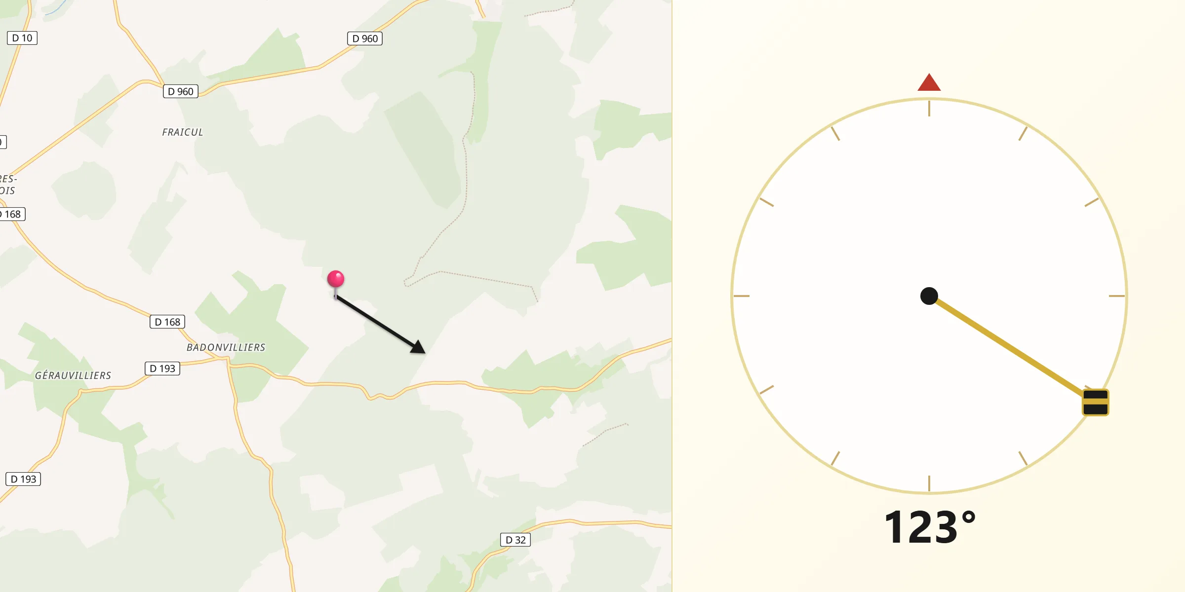 Direction vers la Qibla depuis Burey-en-Vaux
