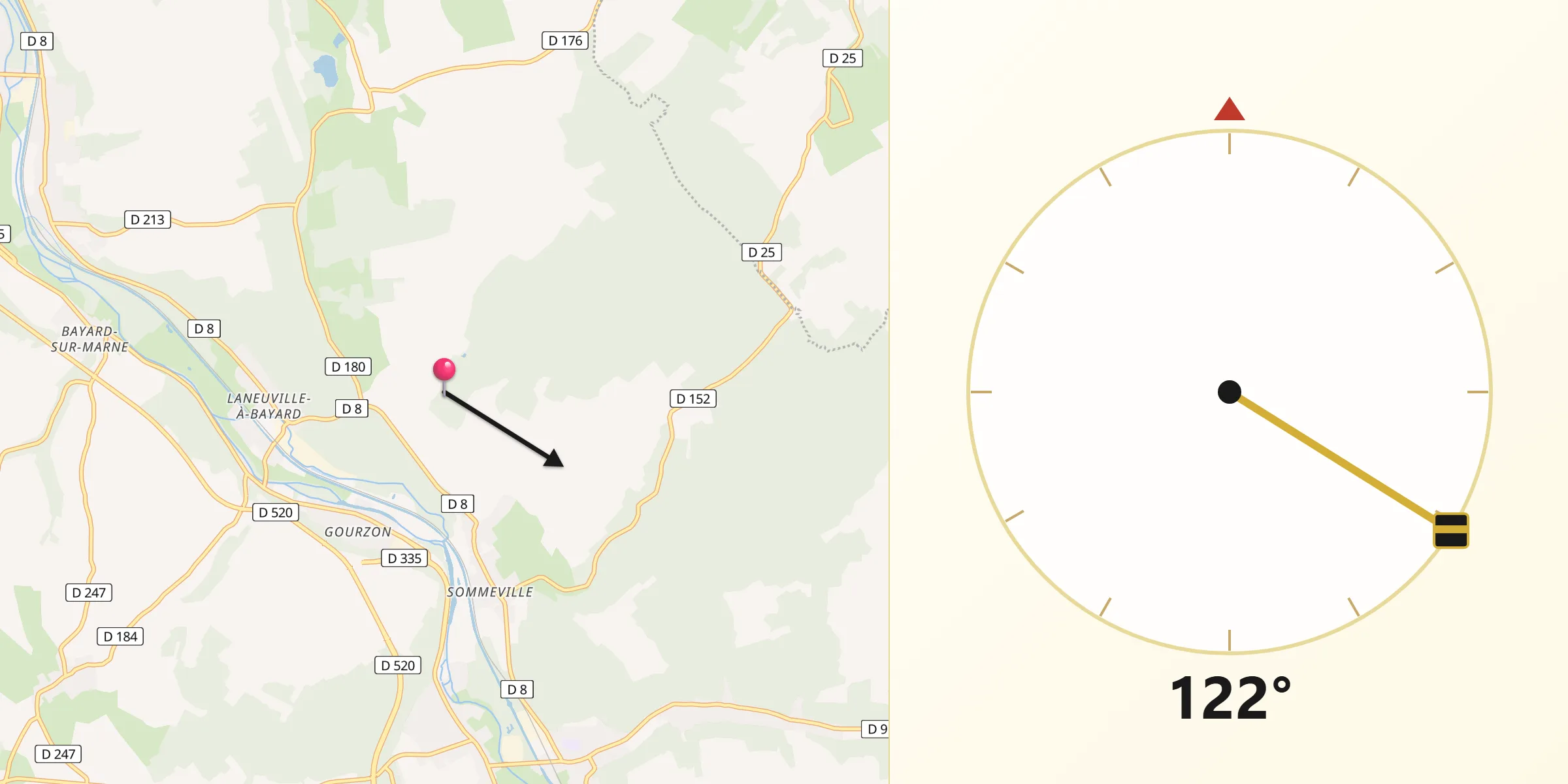 Direction vers la Qibla depuis Fontaines-sur-Marne