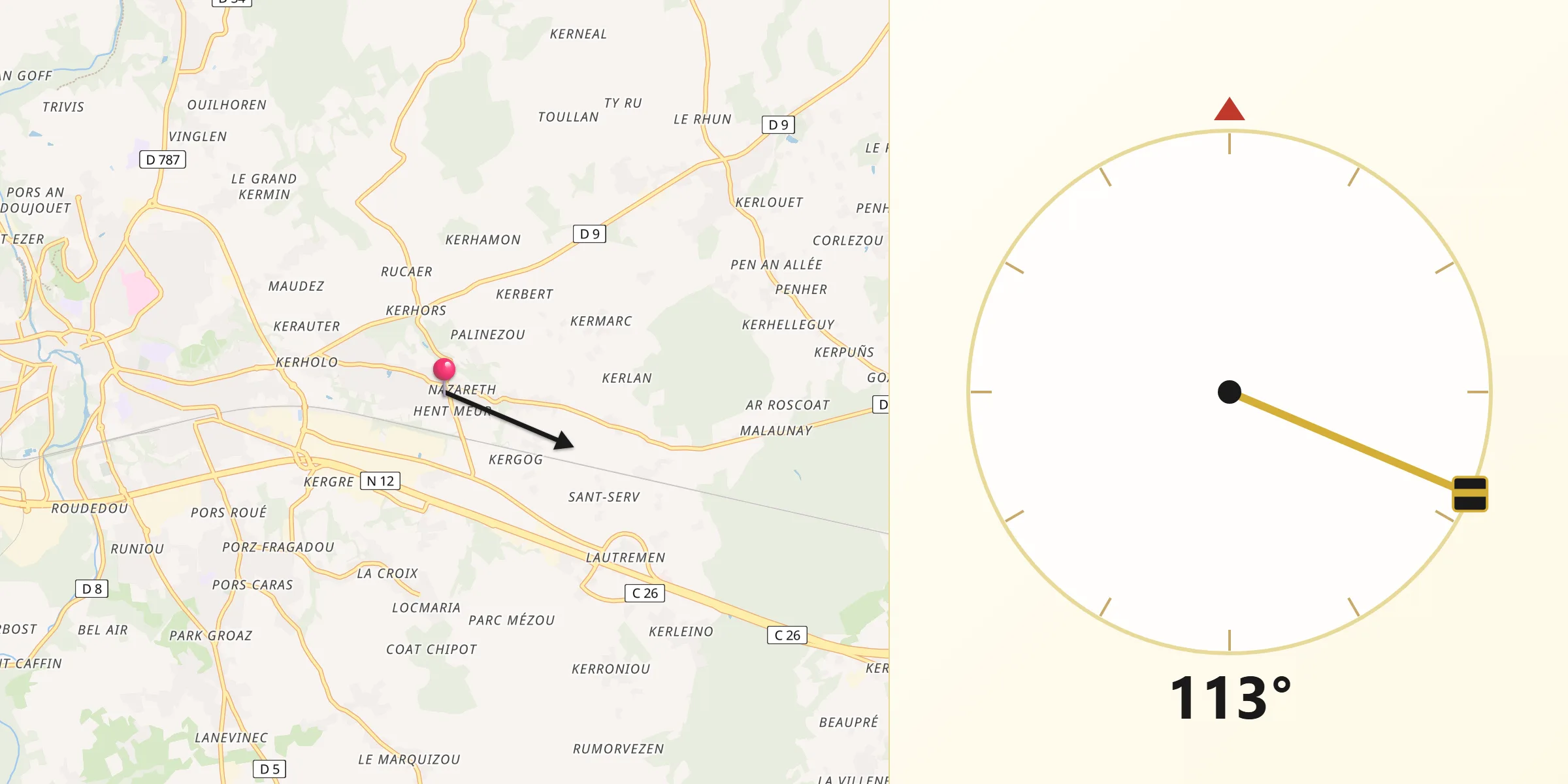 Direction vers la Qibla depuis Saint-Agathon