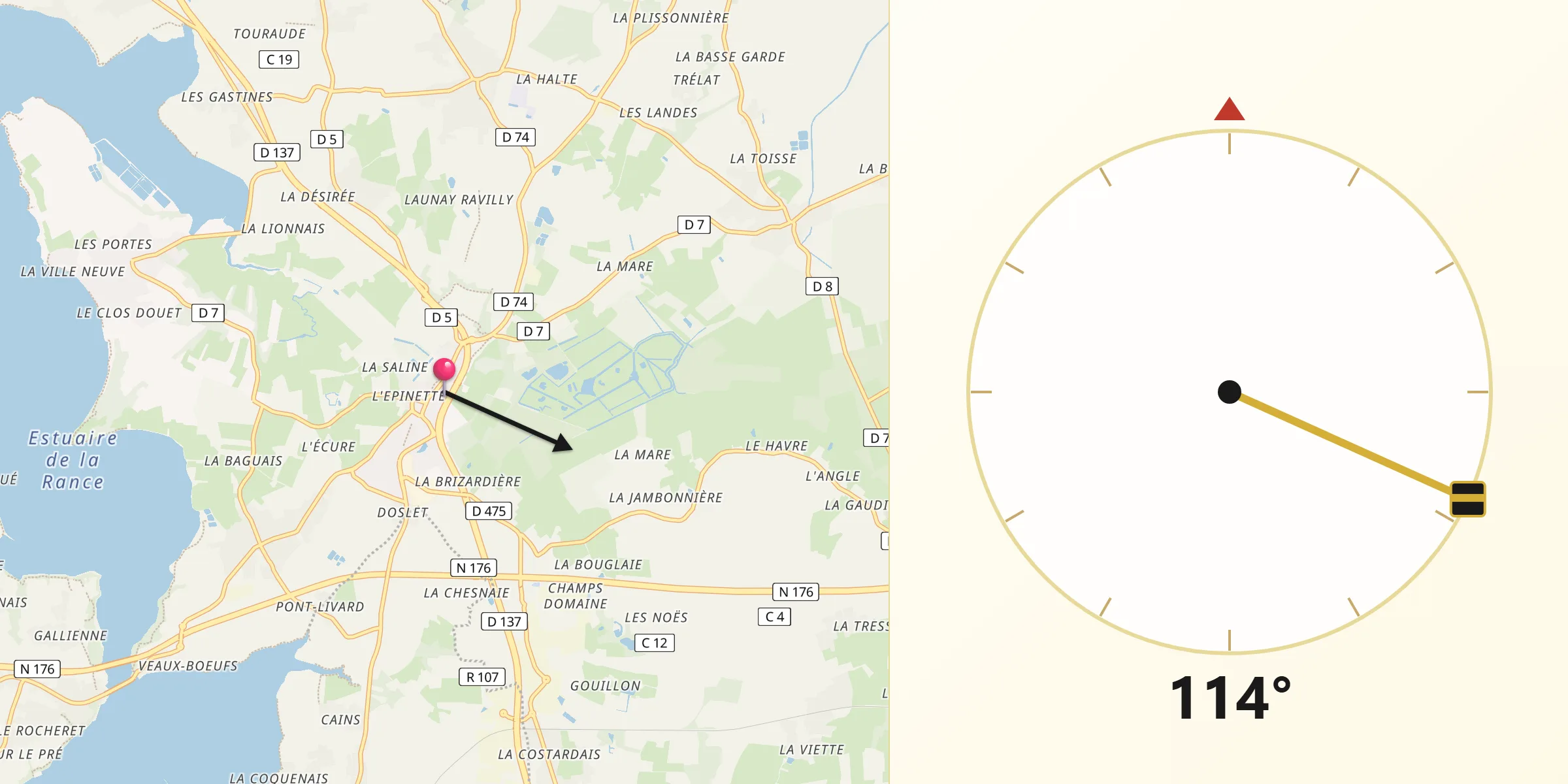 Direction vers la Qibla depuis Châteauneuf-d’Ille-et-Vilaine