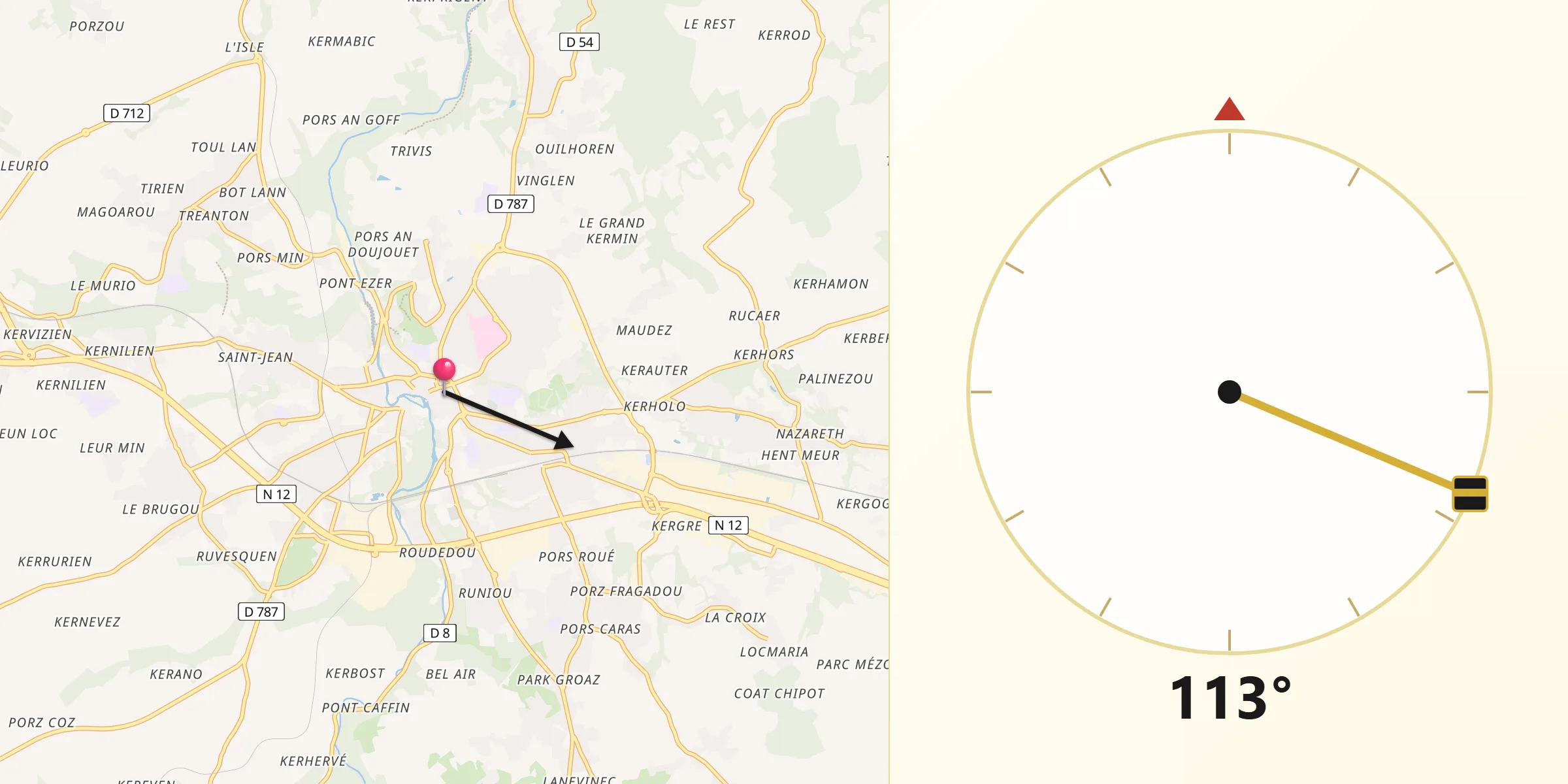 Direction vers la Qibla depuis Guingamp