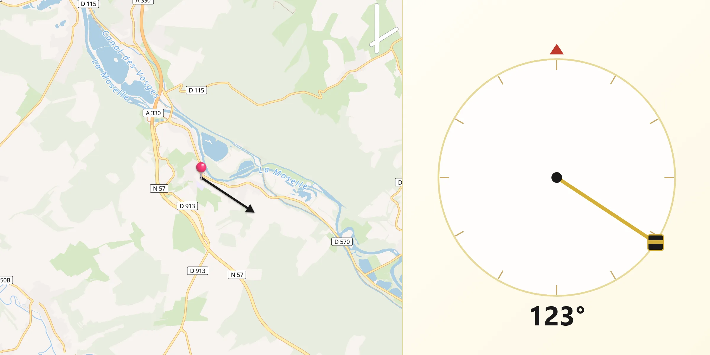 Direction vers la Qibla depuis Flavigny-sur-Moselle