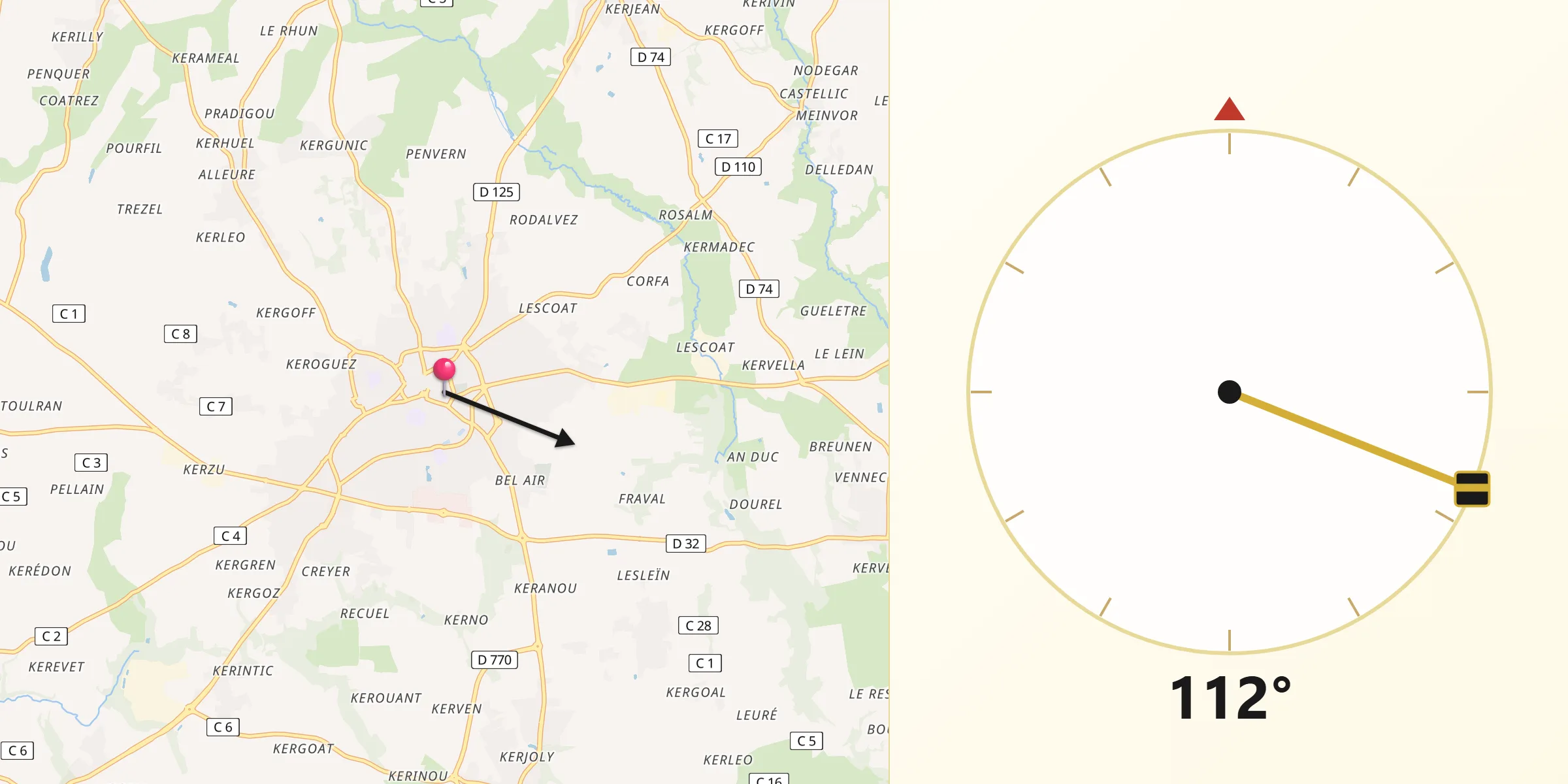 Direction vers la Qibla depuis Lesneven