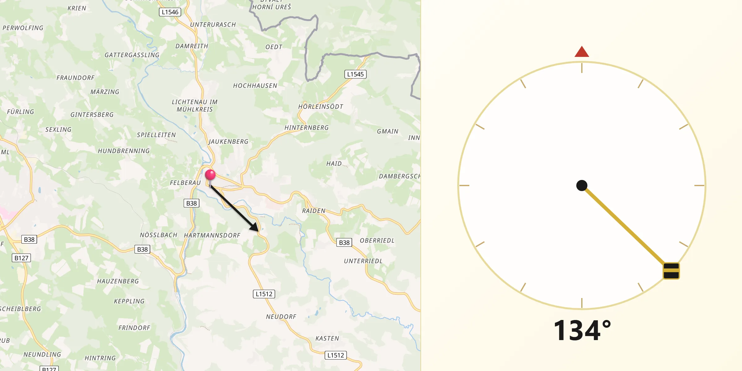 Qibla-Richtung von Haslach an der Mühl