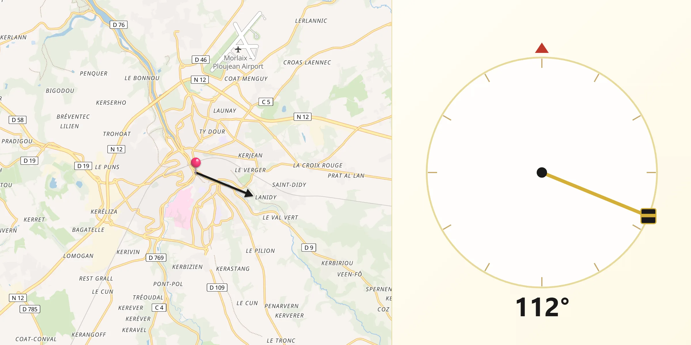 Direction vers la Qibla depuis Morlaix