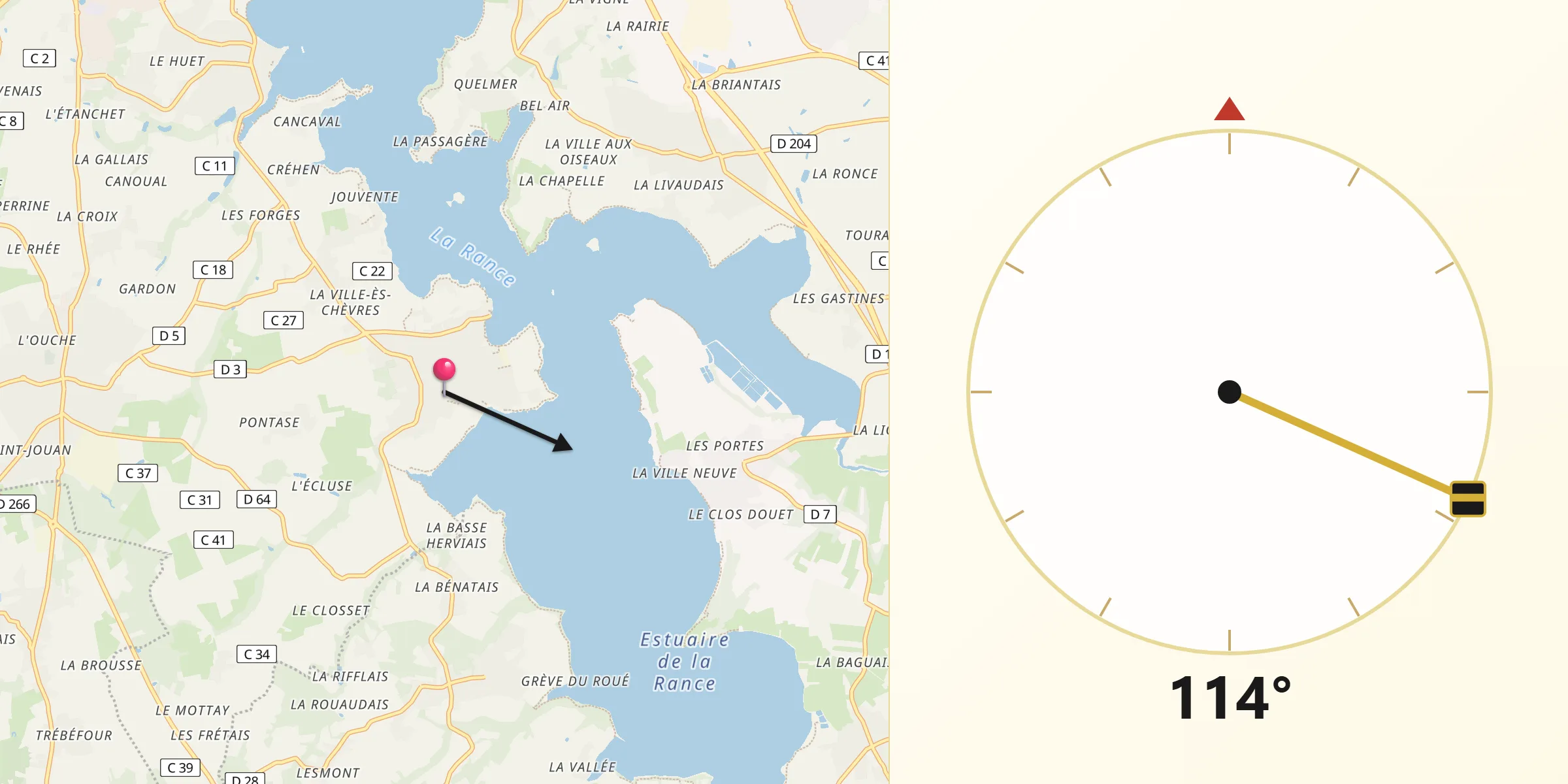 Direction vers la Qibla depuis Le Minihic-sur-Rance