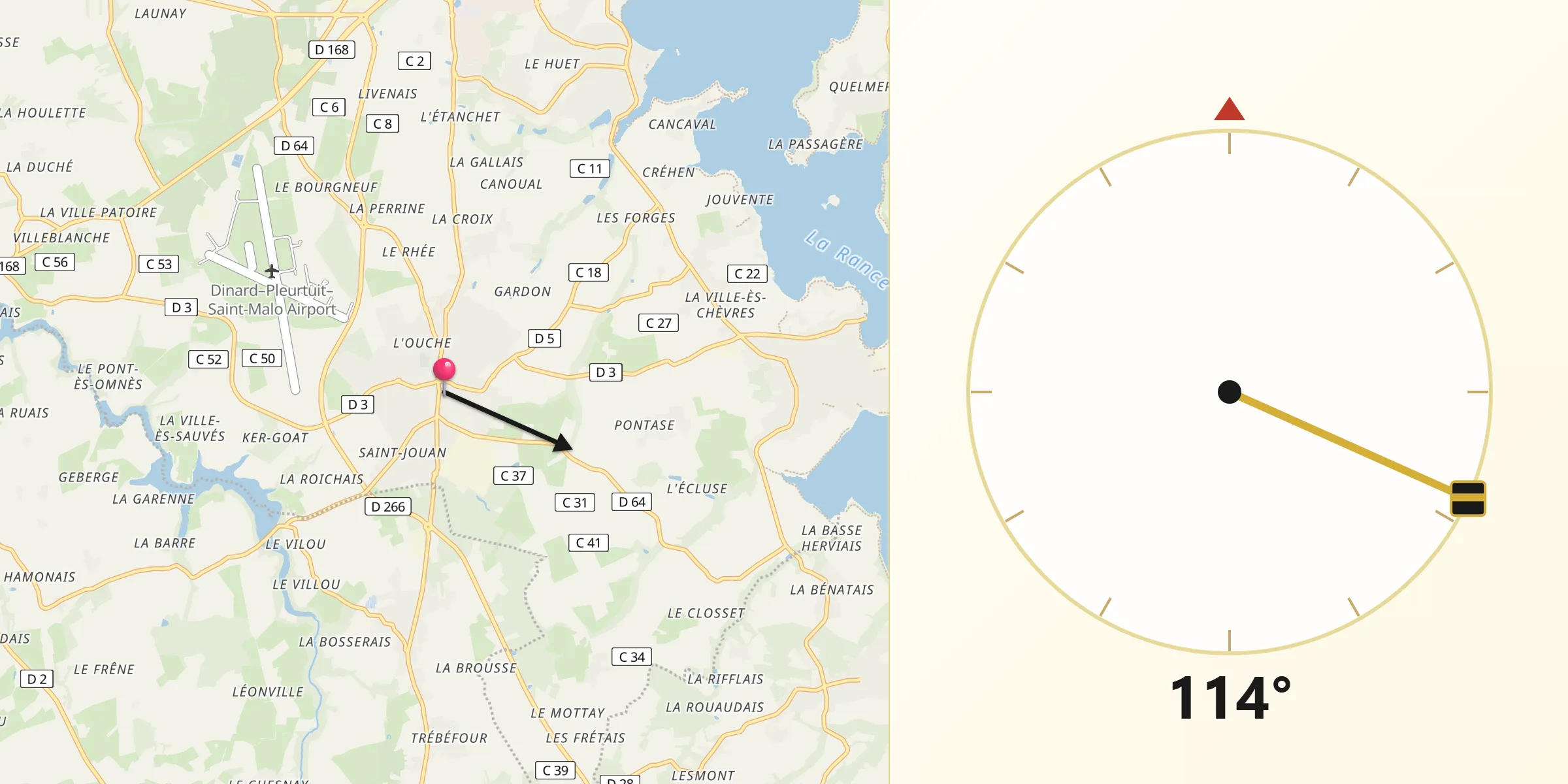 Direction vers la Qibla depuis Pleurtuit