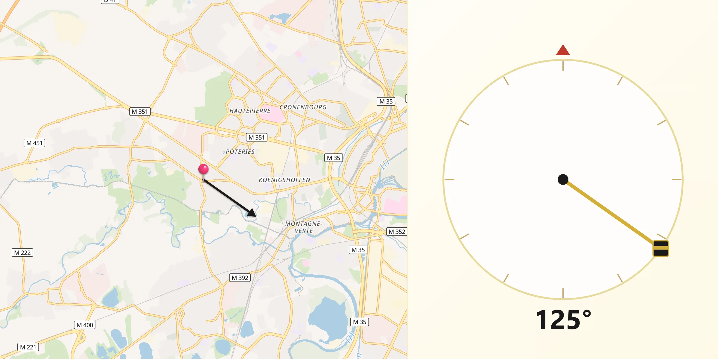 Direction vers la Qibla depuis Eckbolsheim